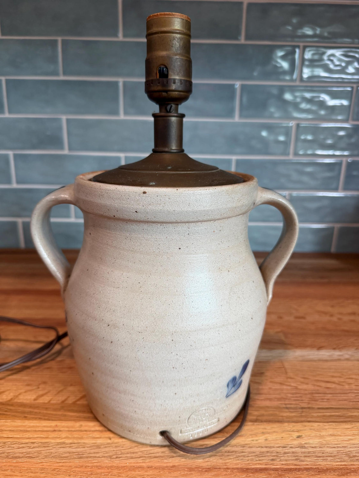 Rowe Pottery Lamp -  Hand Painted Cobalt Blue Bird - Gray Salt Glaze Stoneware, Brass Cap  - Vintage Wisconsin Folk Art 1990