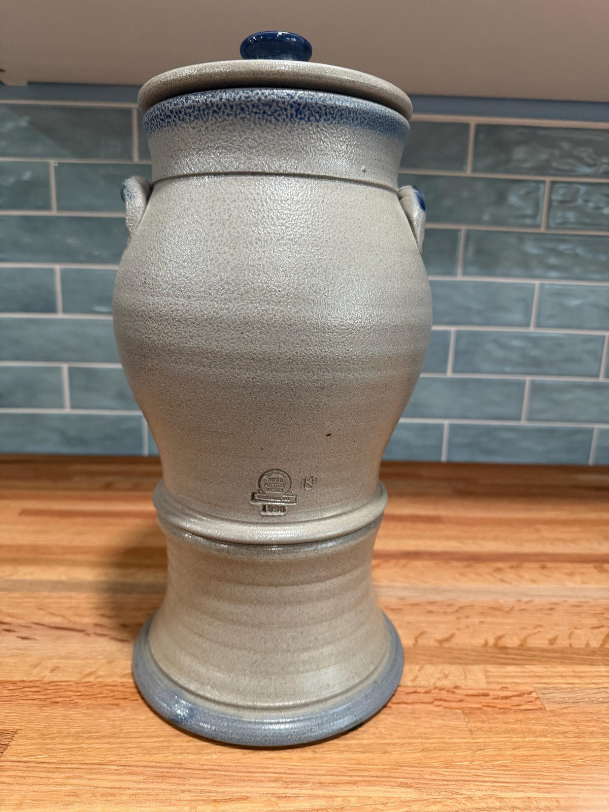 Rowe Pottery Water Cooler Drink Dispenser -  Blue Berry Basket - Salt Glaze Stoneware - Brass Spigot - Vintage 1996
