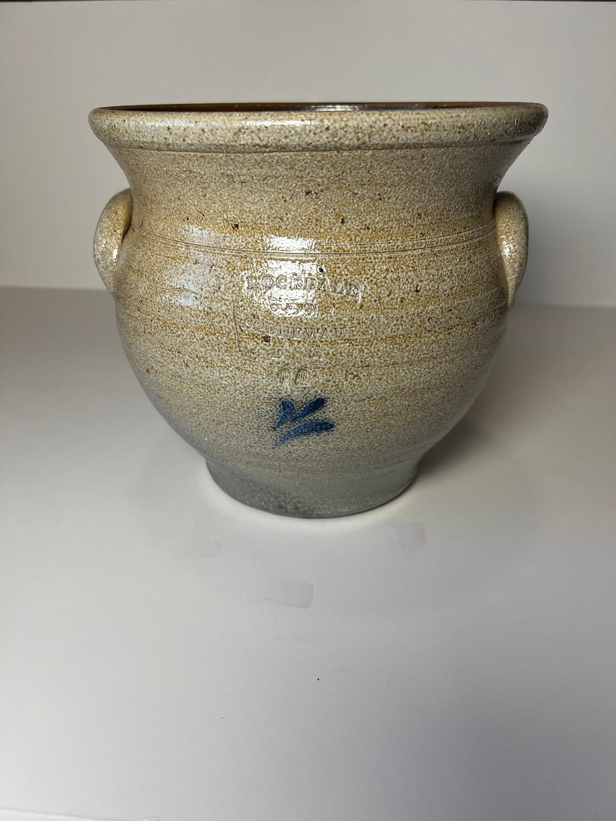 Rockdale Pottery Large Planter Crock – Hand-Painted Blue Bird, Salt Glaze Stoneware, Vintage 1984