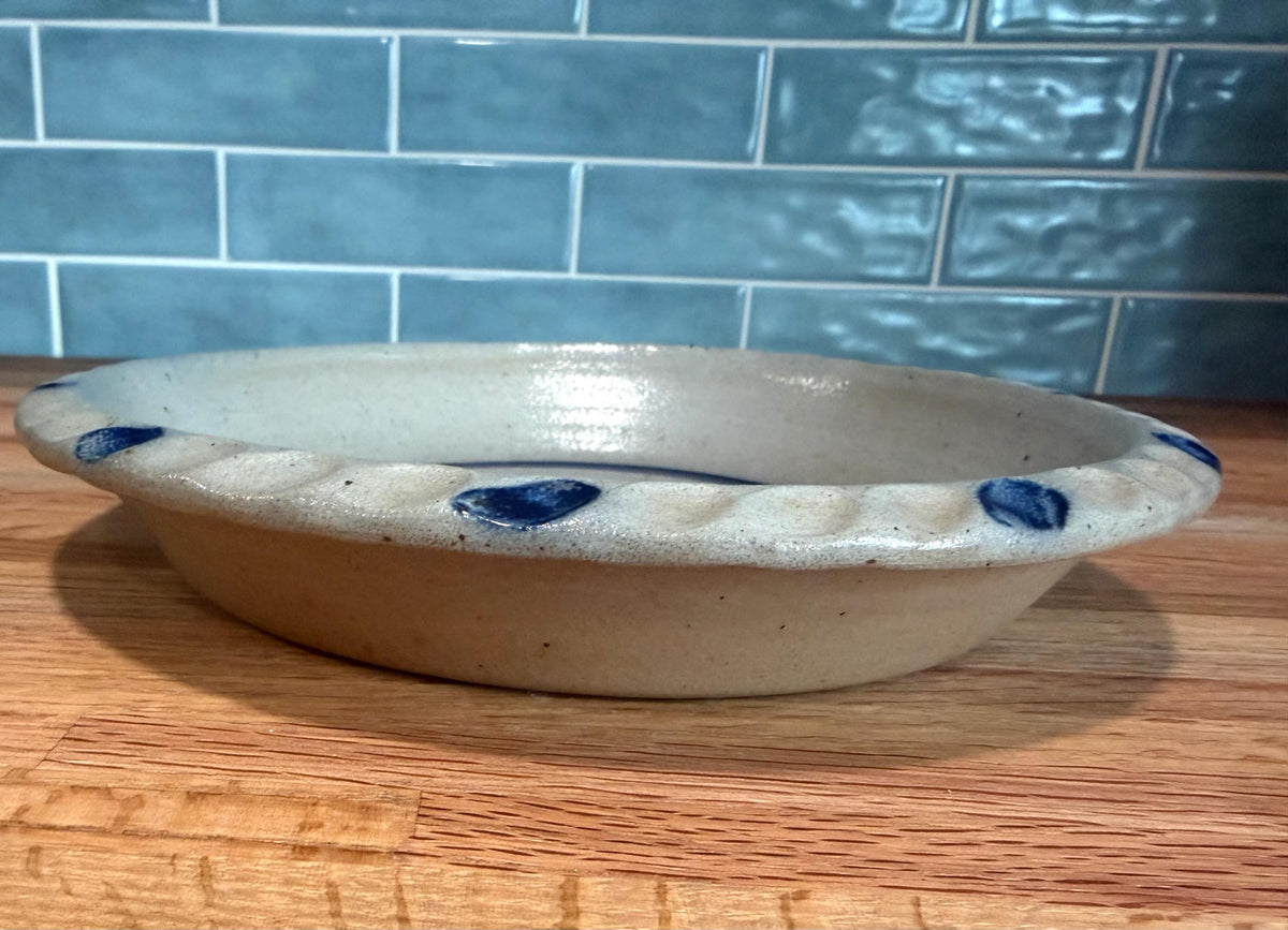 Rowe Pottery Pie Plate Dish – “Home Baked Pie” Hand-Painted Blue Heart, Vintage 1990