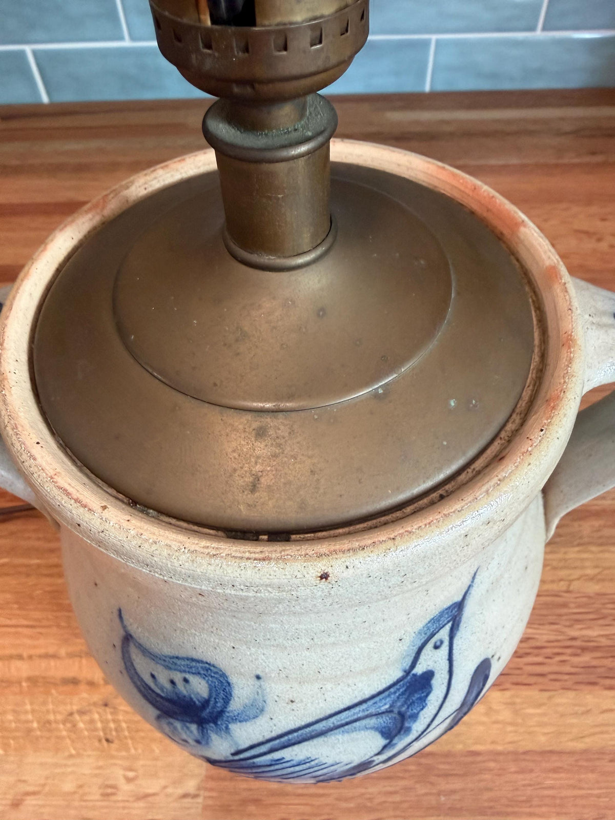 Rowe Pottery Lamp -  Hand Painted Cobalt Blue Bird - Gray Salt Glaze Stoneware, Brass Cap  - Vintage Wisconsin Folk Art 1990