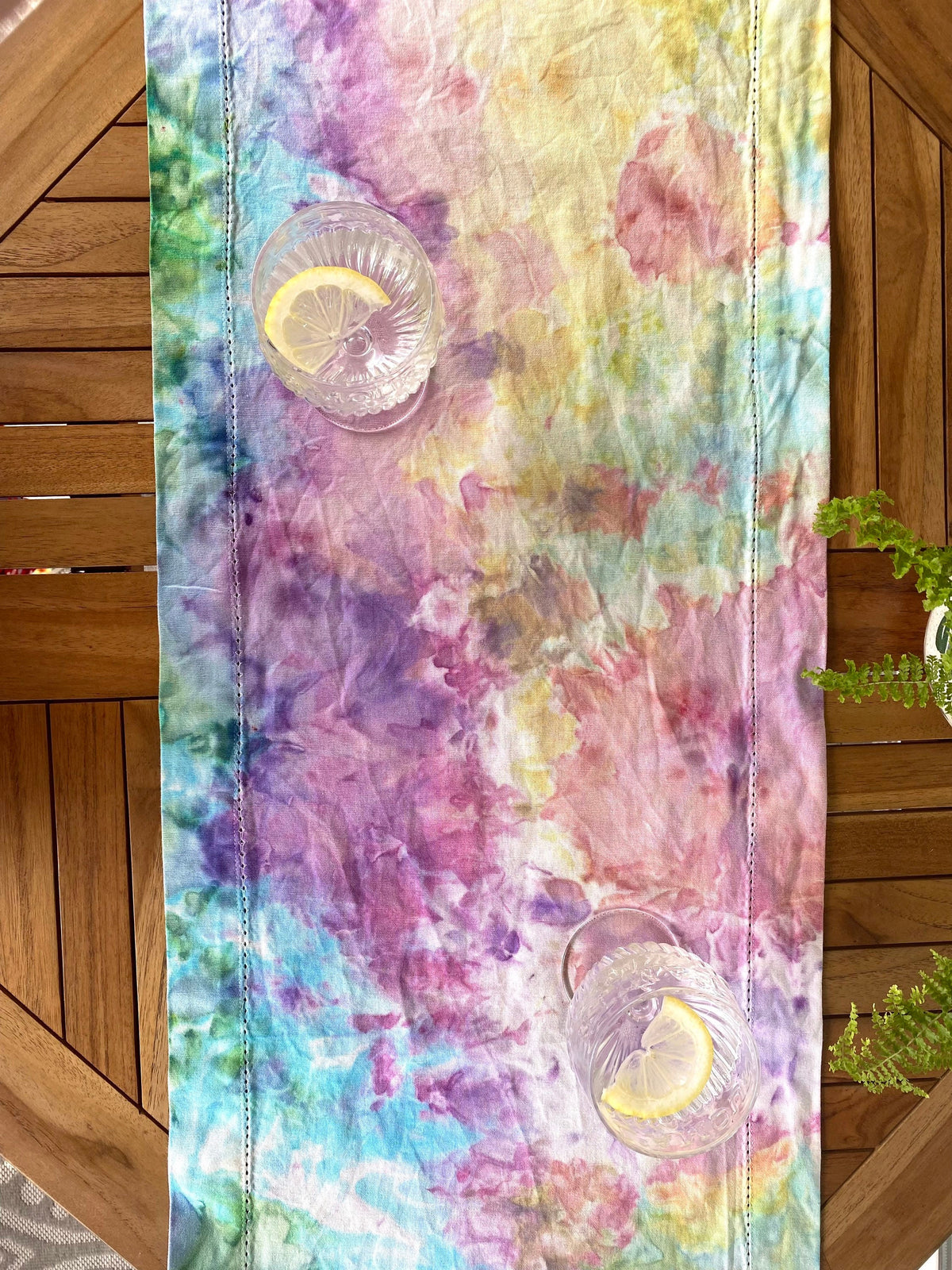 Rainbow Ice Dyed Cotton Table Runner: Watercolor Garden Decor