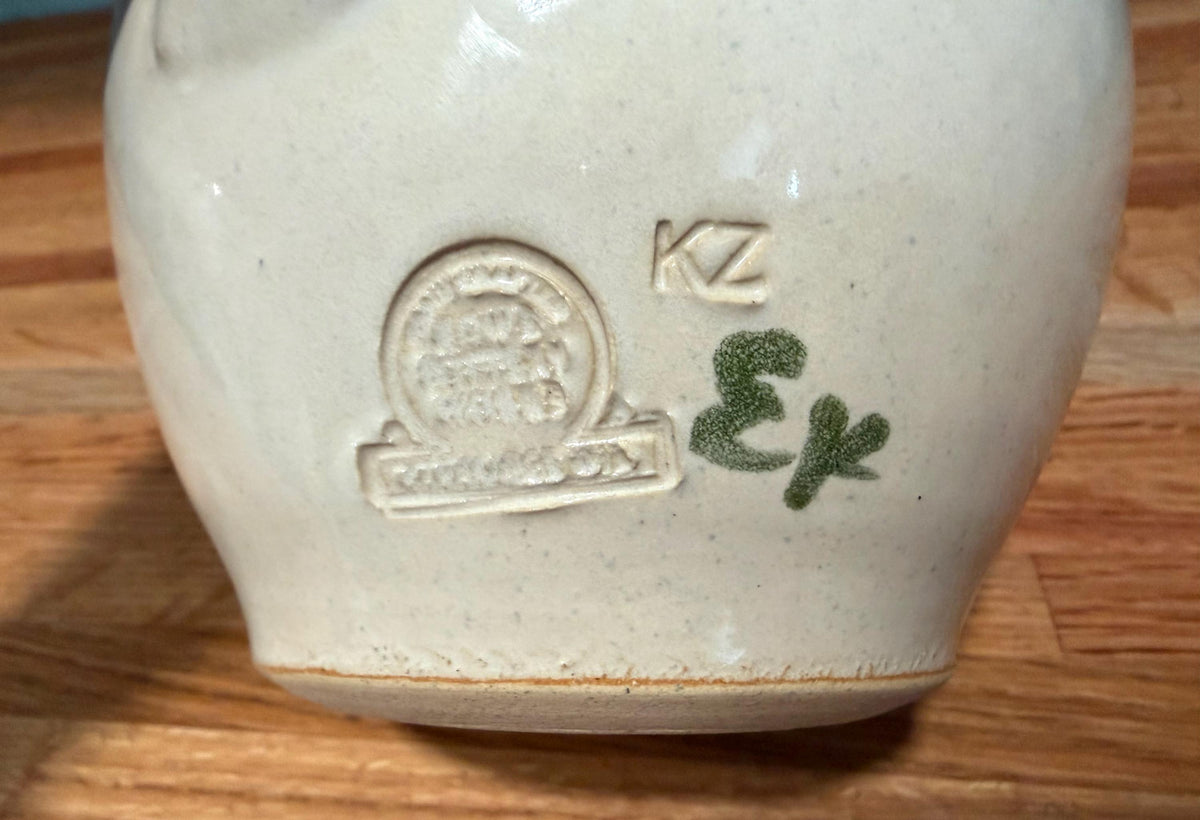 Rowe Pottery Pitcher – Ivory Stoneware -Hand-Painted Blue Floral - Vintage Wisconsin  Folk Art