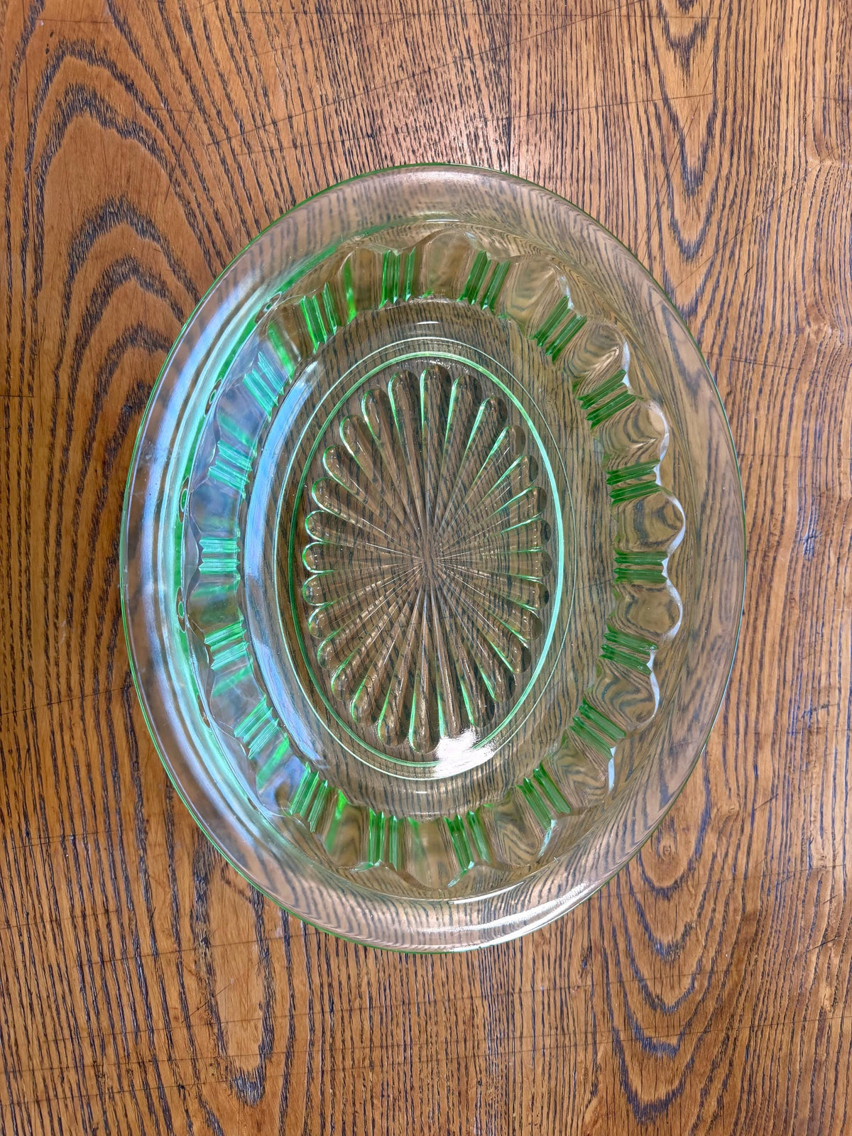 Vintage Anchor Hocking Green Uranium Glass 10” Oval Vegetable Bowl, Colonial