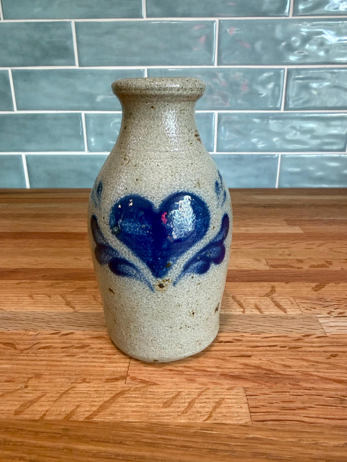 Vintage Rowe Pottery Vase – Cobalt Blue Heart Gray Salt Glaze Stoneware - 1995