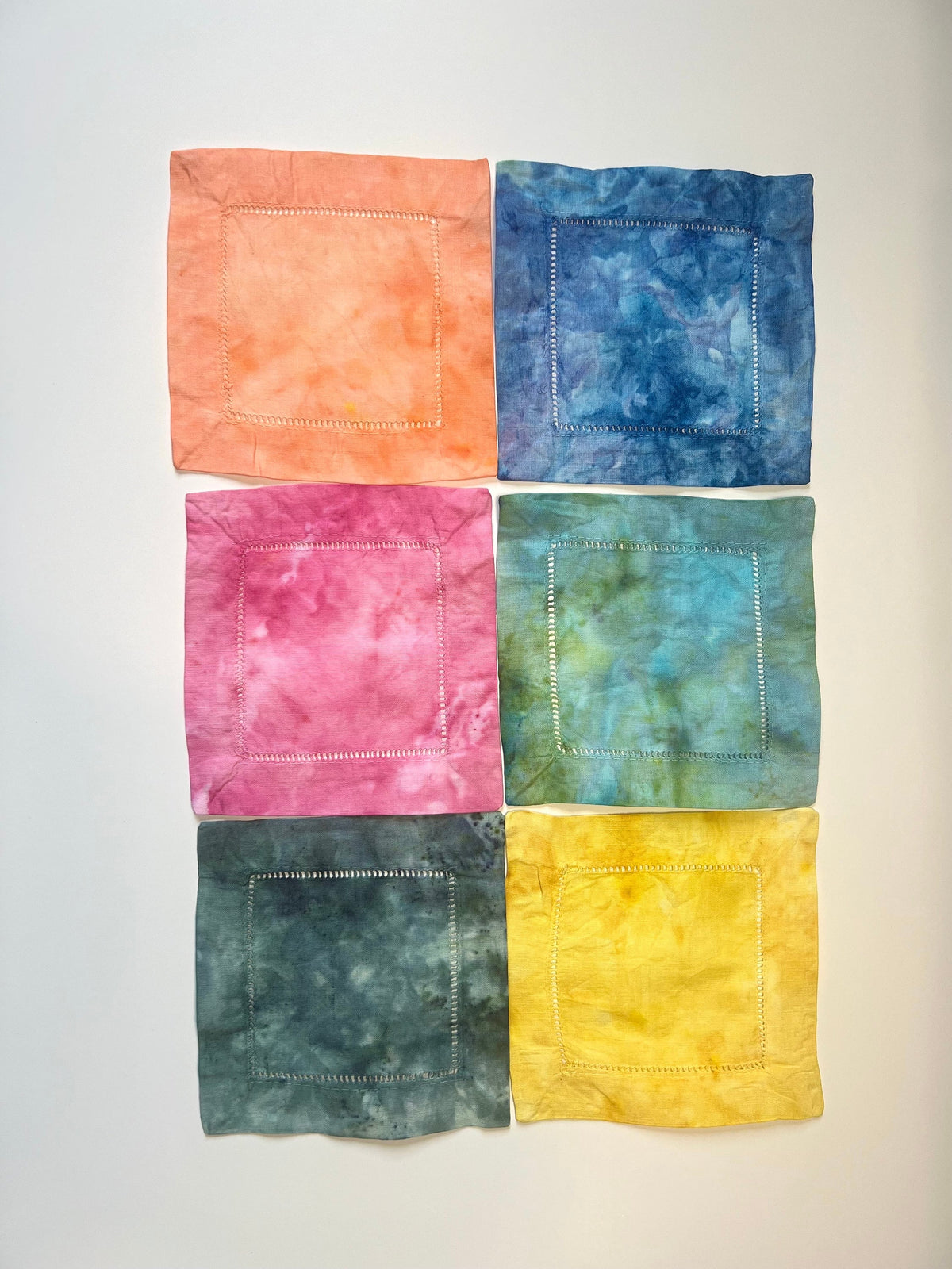 Rainbow Ice Dyed Coasters - 6” Cocktail Napkins - Hand Dyed 100% Cotton - Reusable Cloth Linens - Dinner Party Table Decor
