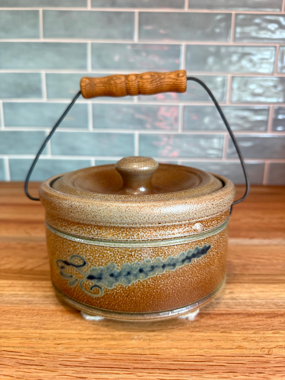 Rowe Pottery Butter Crock with Lid, Wood Handle- Blue Floral - Salt Glaze - Historical Collection