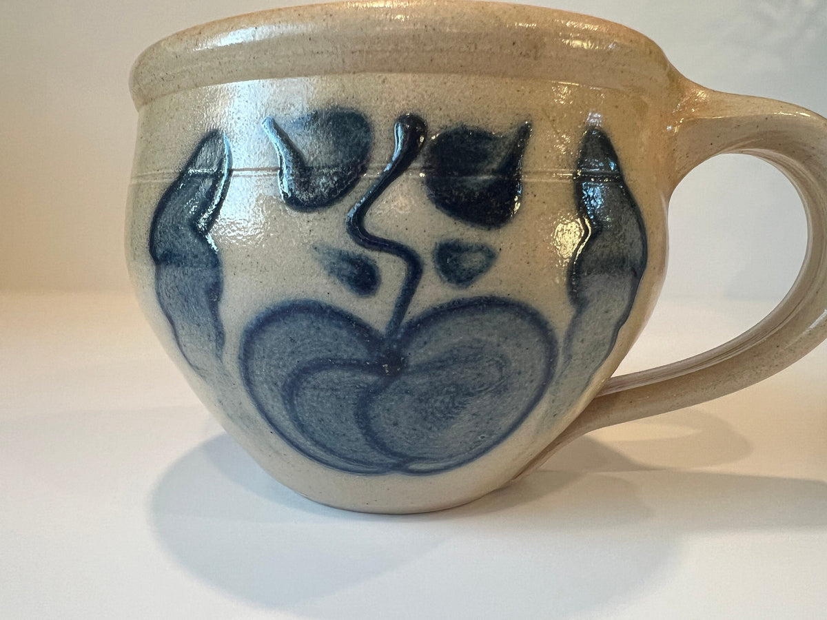 Shadowlawn Pottery Apple Stoneware Soup Mug – Hand-Painted Cobalt Blue, Salt Glaze - Vintage Wisconsin Folk Art