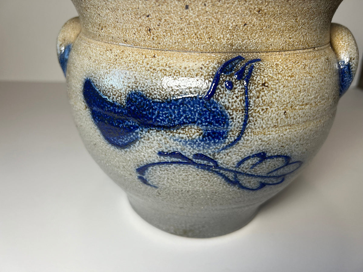 Rockdale Pottery Large Planter Crock – Hand-Painted Blue Bird, Salt Glaze Stoneware, Vintage 1984