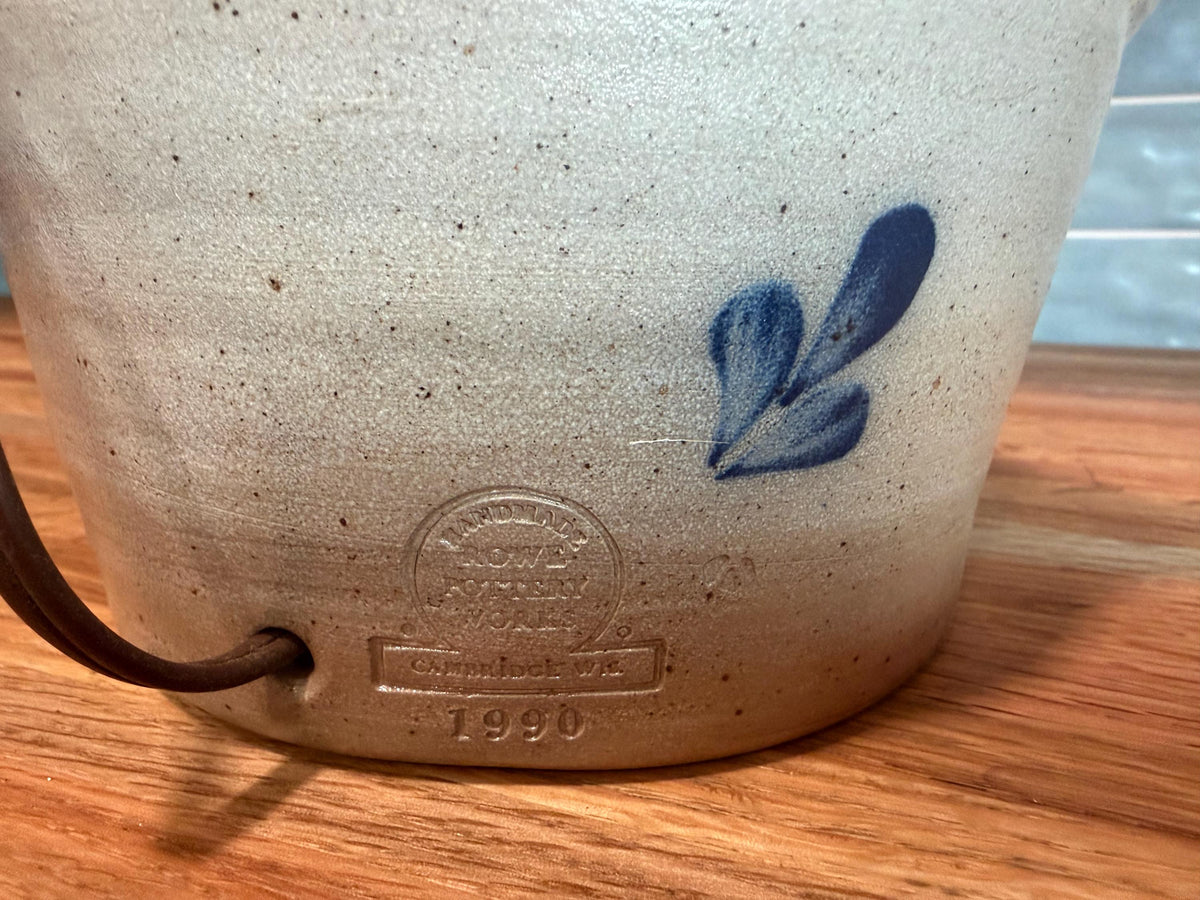 Rowe Pottery Lamp -  Hand Painted Cobalt Blue Bird - Gray Salt Glaze Stoneware, Brass Cap  - Vintage Wisconsin Folk Art 1990