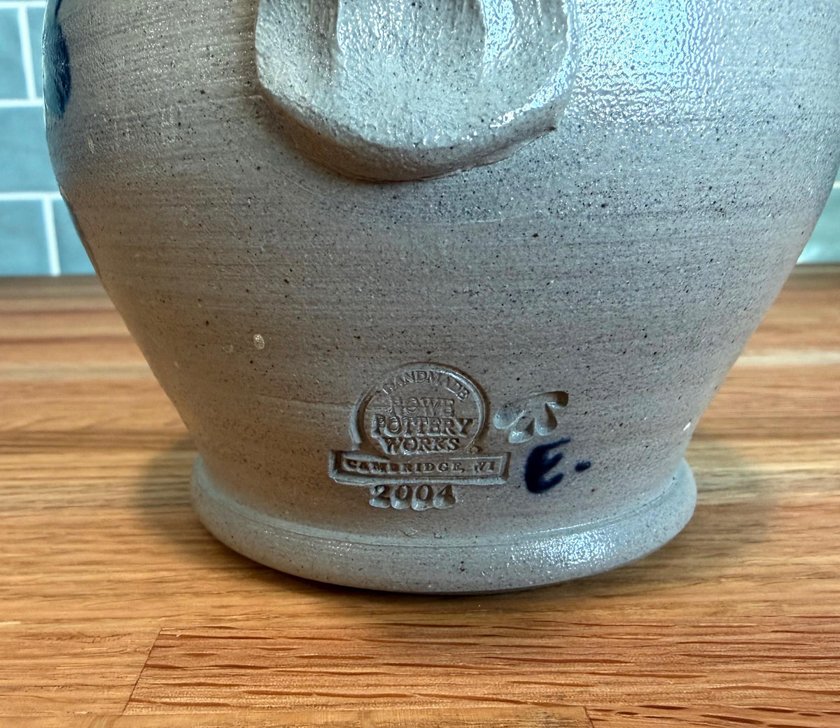 Rowe Pottery Quart Pitcher – Hand-Painted Cobalt Blue Heart - Salt Glaze Stoneware- Vintage Wisconsin Art