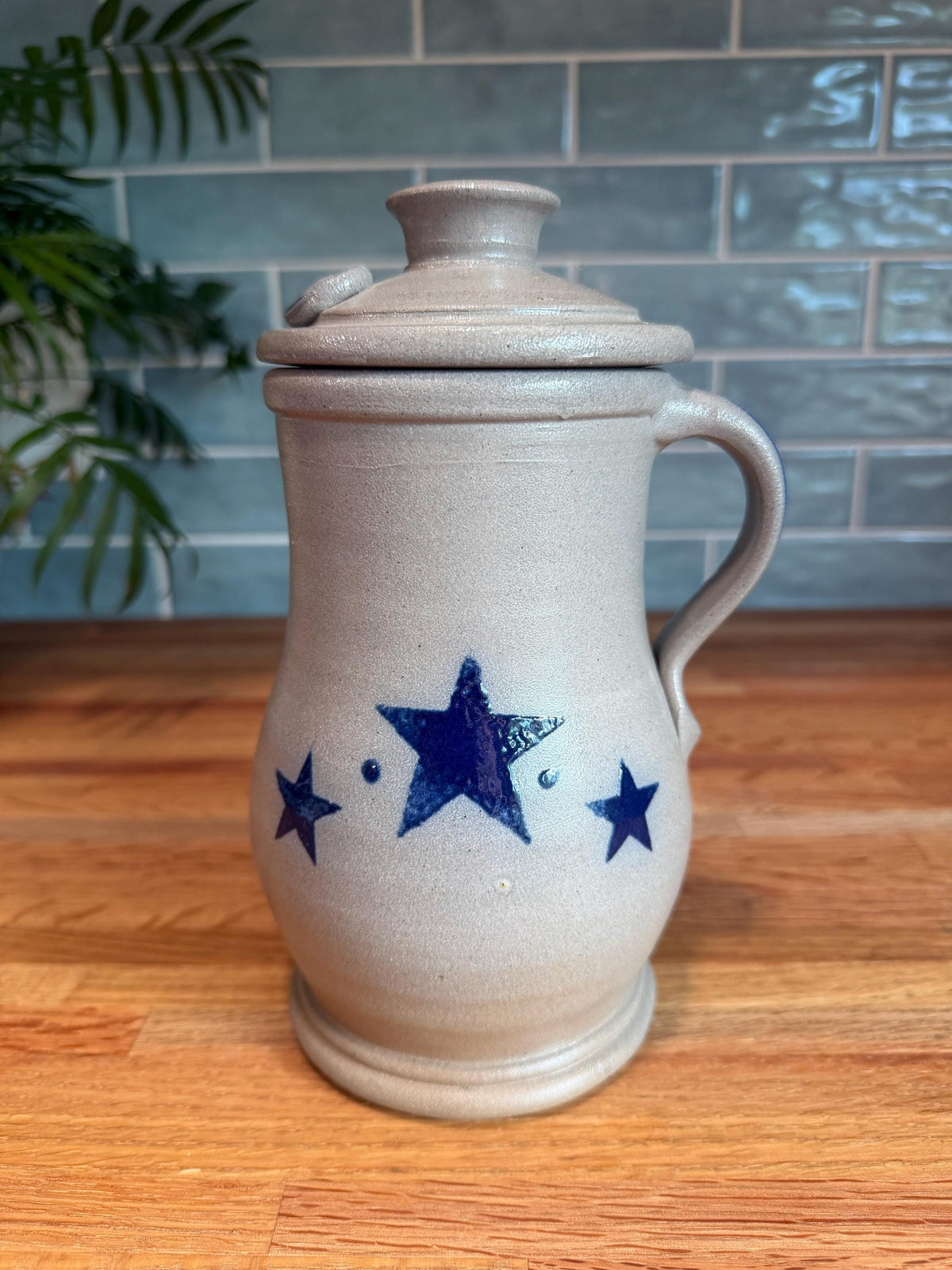 Rowe Pottery Storm Jar - Cobalt Blue Stars - Gray Salt Glaze Stoneware - Candle Holder Jug - Vintage 2002