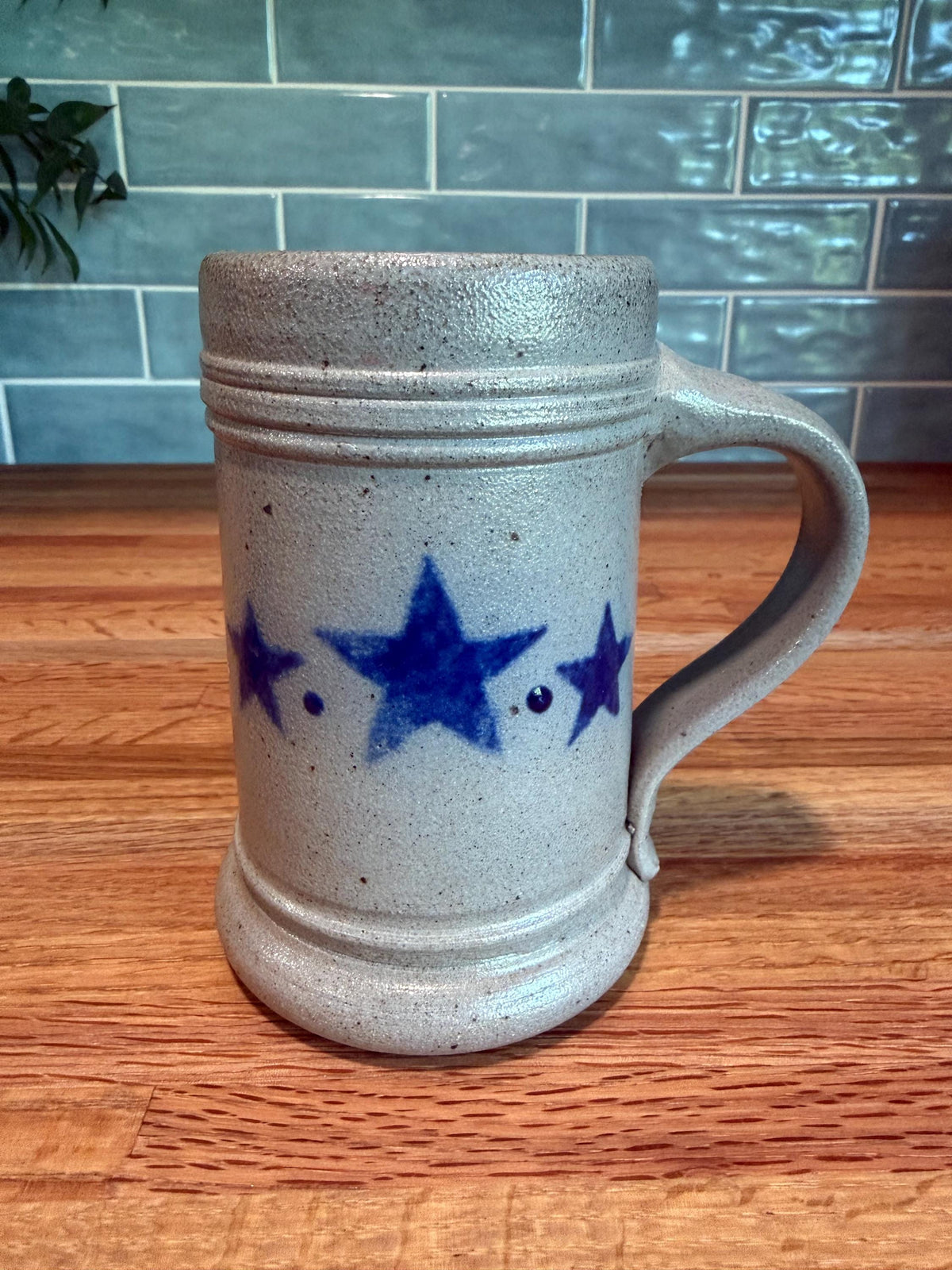 Rowe Pottery Coffee Tankard Mug Set of 2 -  Cobalt Blue Stars - Gray Salt Glazed Stoneware - Beer Steins - Vintage