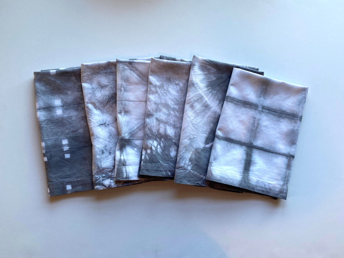 Shibori Charcoal Gray Cocktail Cloth Napkins Set of 6 - Hand Dyed 100% Cotton -12”x12” Lunch - Table Linens Textiles - Hostess Wedding Gift