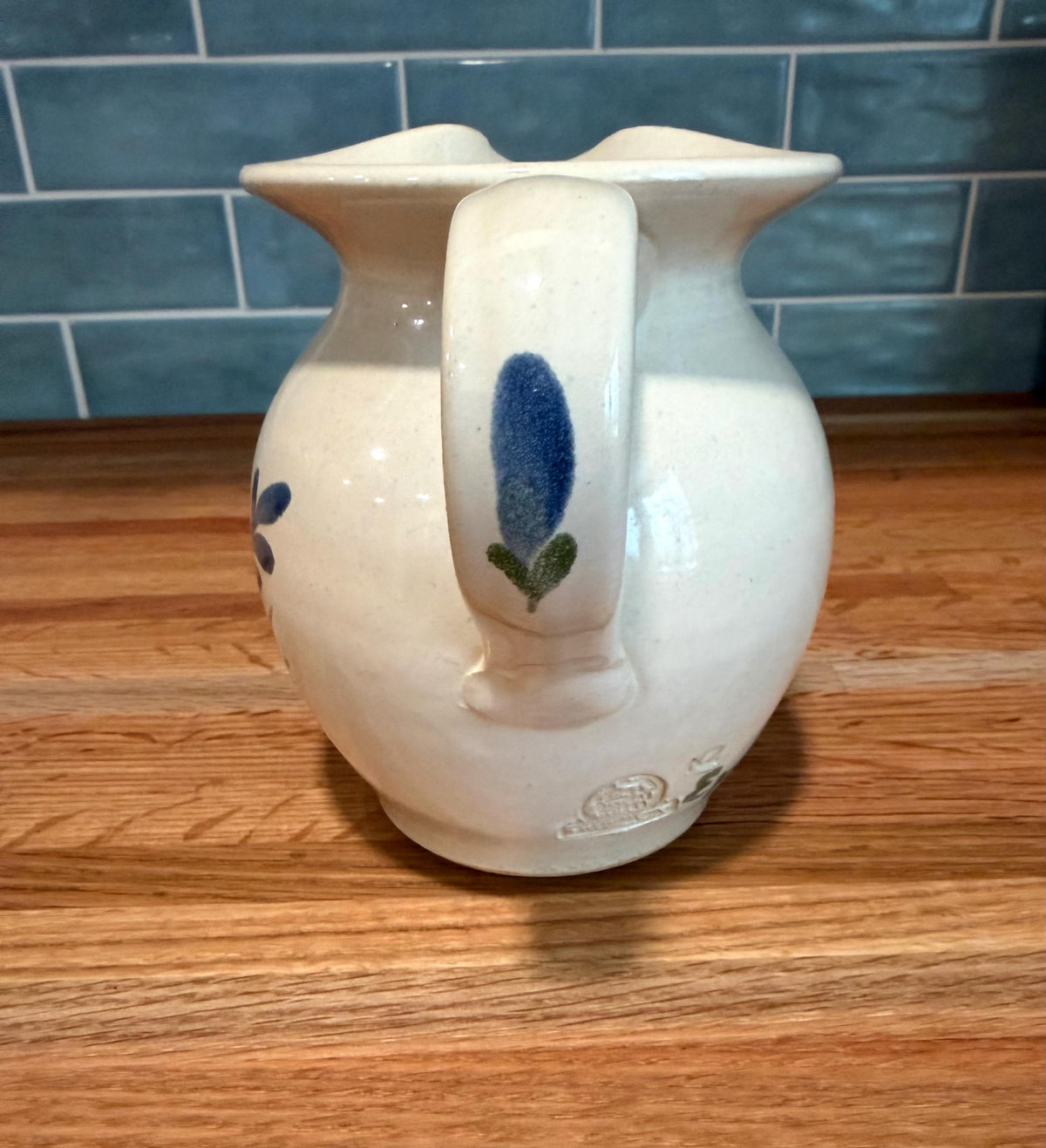 Rowe Pottery Pitcher – Ivory Stoneware -Hand-Painted Blue Floral - Vintage Wisconsin  Folk Art