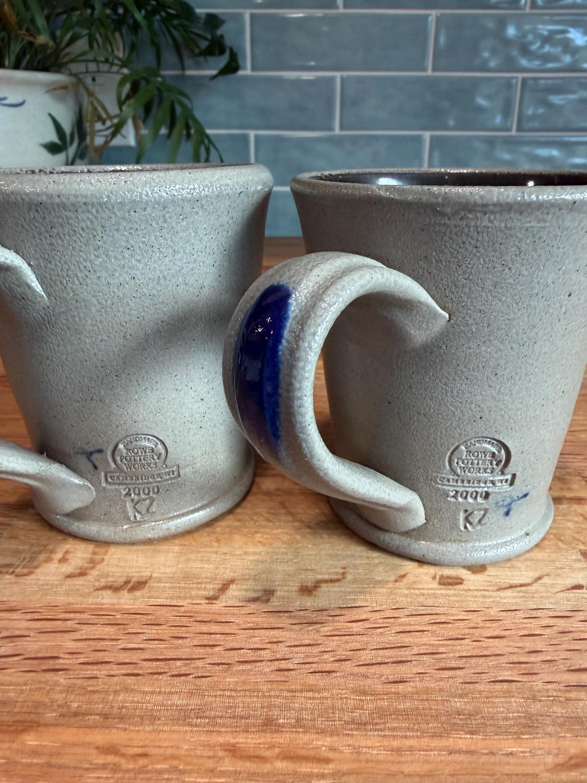 Vintage Rowe Pottery Coffee Mug Set of 2 -  Cobalt Blue Stars - Gray Salt Glazed Stoneware