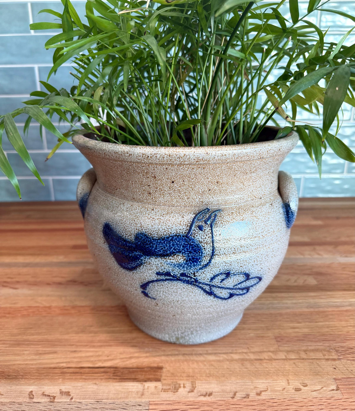 Rockdale Pottery Large Planter Crock – Hand-Painted Blue Bird, Salt Glaze Stoneware, Vintage 1984