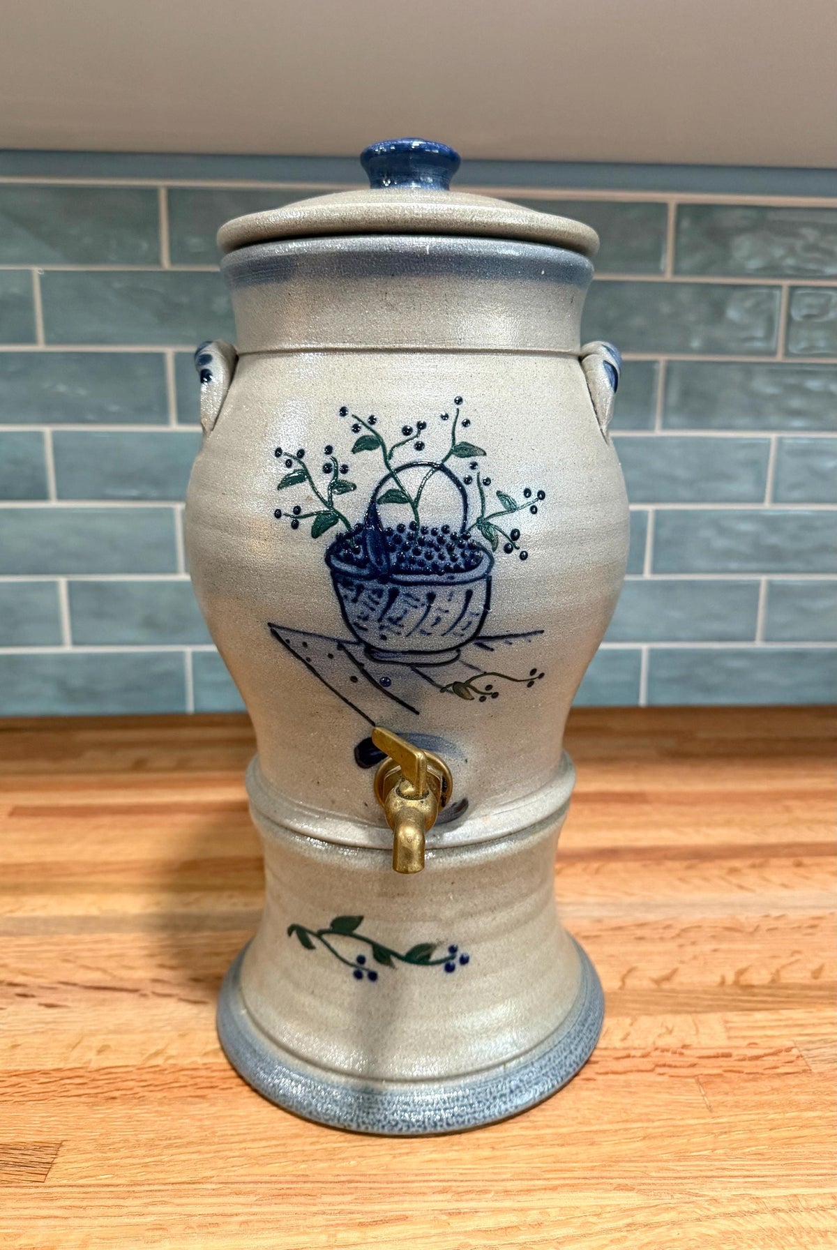 Rowe Pottery Water Cooler Drink Dispenser -  Blue Berry Basket - Salt Glaze Stoneware - Brass Spigot - Vintage 1996