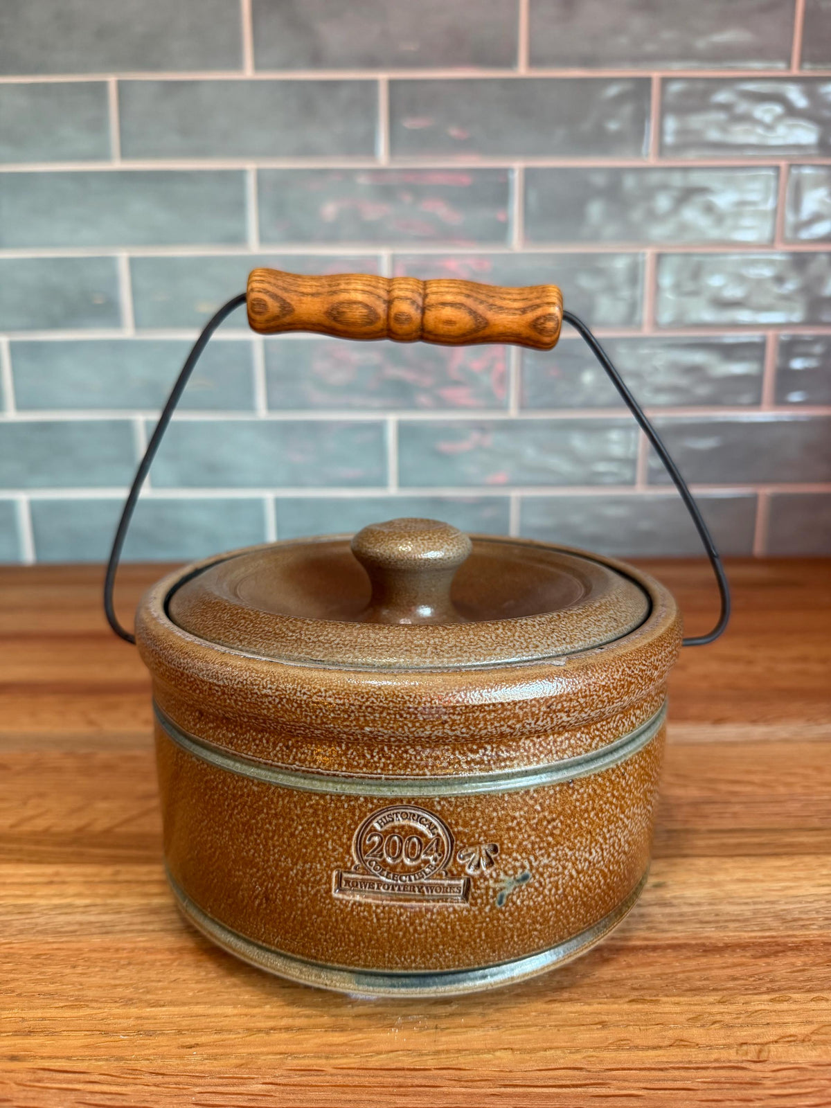 Rowe Pottery Butter Crock with Lid, Wood Handle- Blue Floral - Salt Glaze - Historical Collection