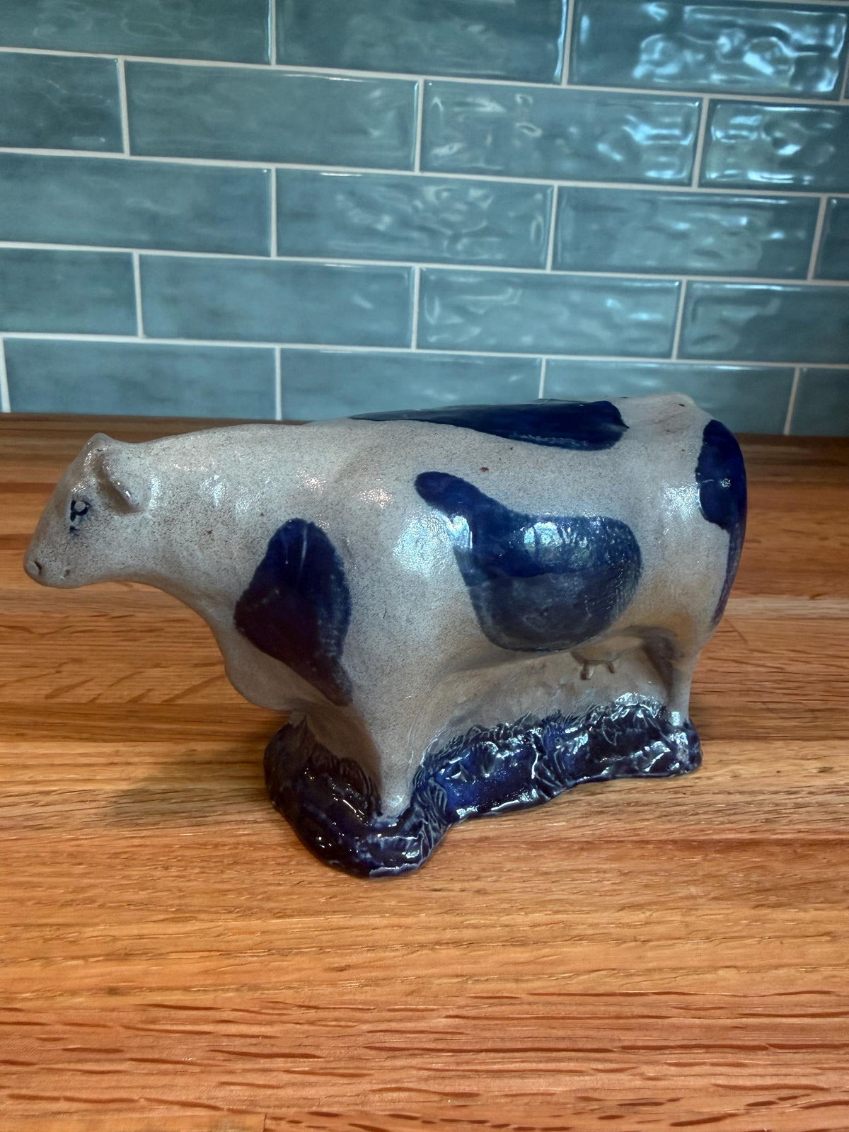 Rowe Pottery Cow Figurine – Cobalt Blue - Gray Salt Glaze Stoneware - Vintage 1994 - Made in Wisconsin Folk Art