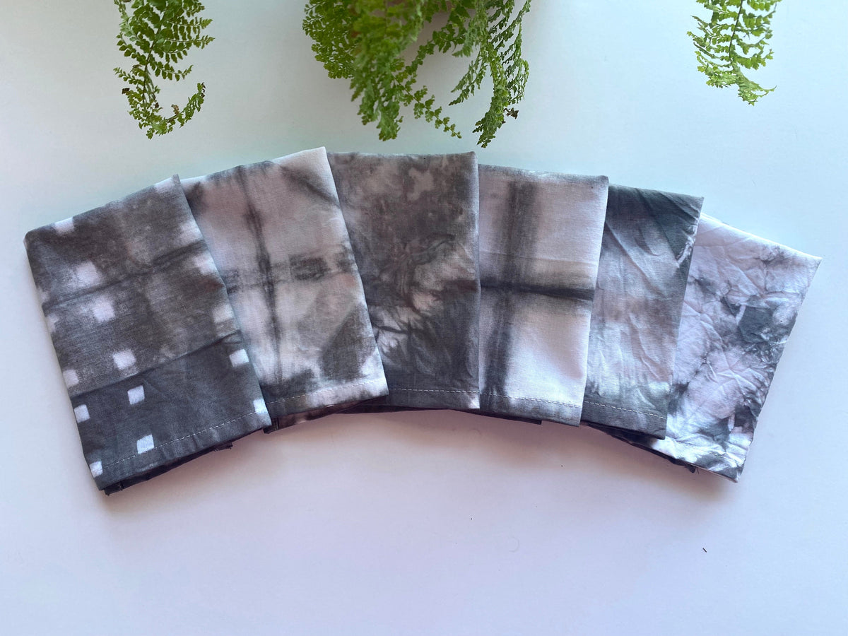 Shibori Charcoal Gray Cocktail Cloth Napkins Set of 6 - Hand Dyed 100% Cotton -12”x12” Lunch - Table Linens Textiles - Hostess Wedding Gift