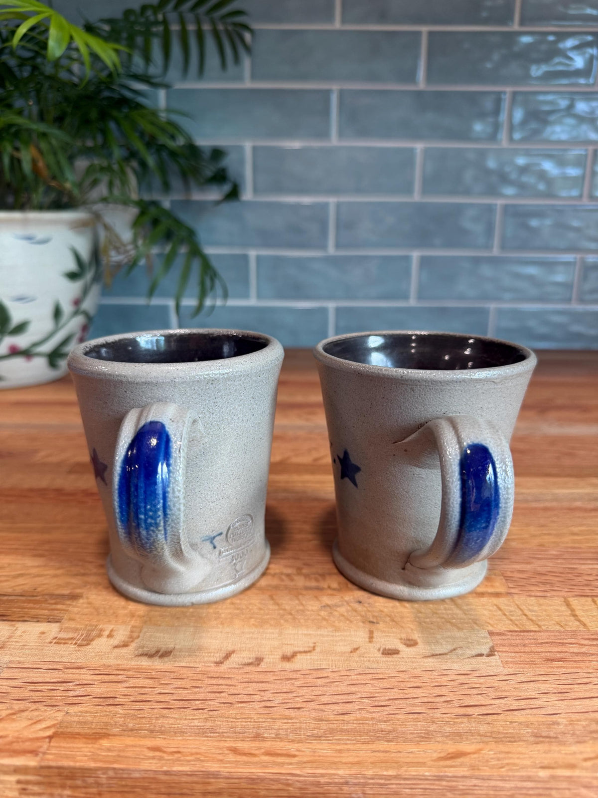 Vintage Rowe Pottery Coffee Mug Set of 2 -  Cobalt Blue Stars - Gray Salt Glazed Stoneware