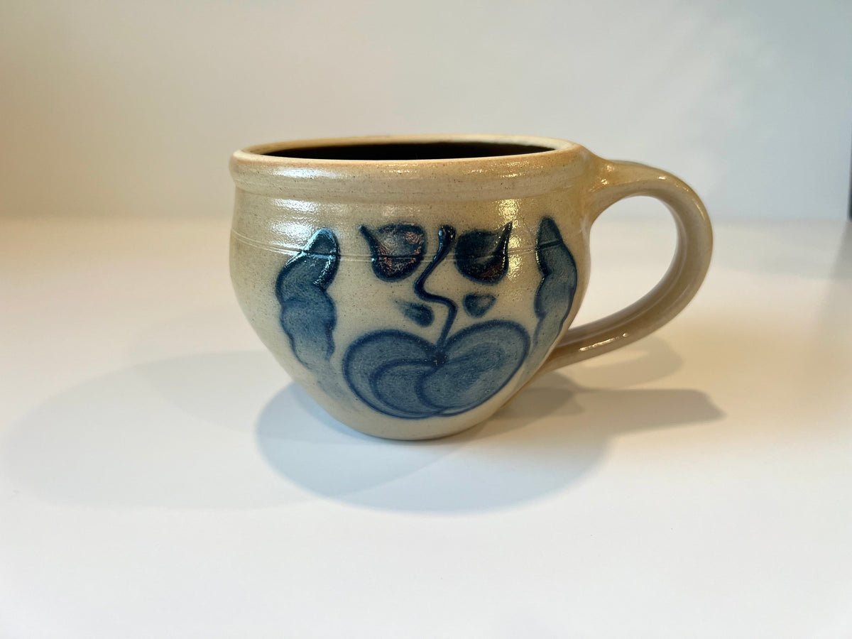Shadowlawn Pottery Apple Stoneware Soup Mug – Hand-Painted Cobalt Blue, Salt Glaze - Vintage Wisconsin Folk Art