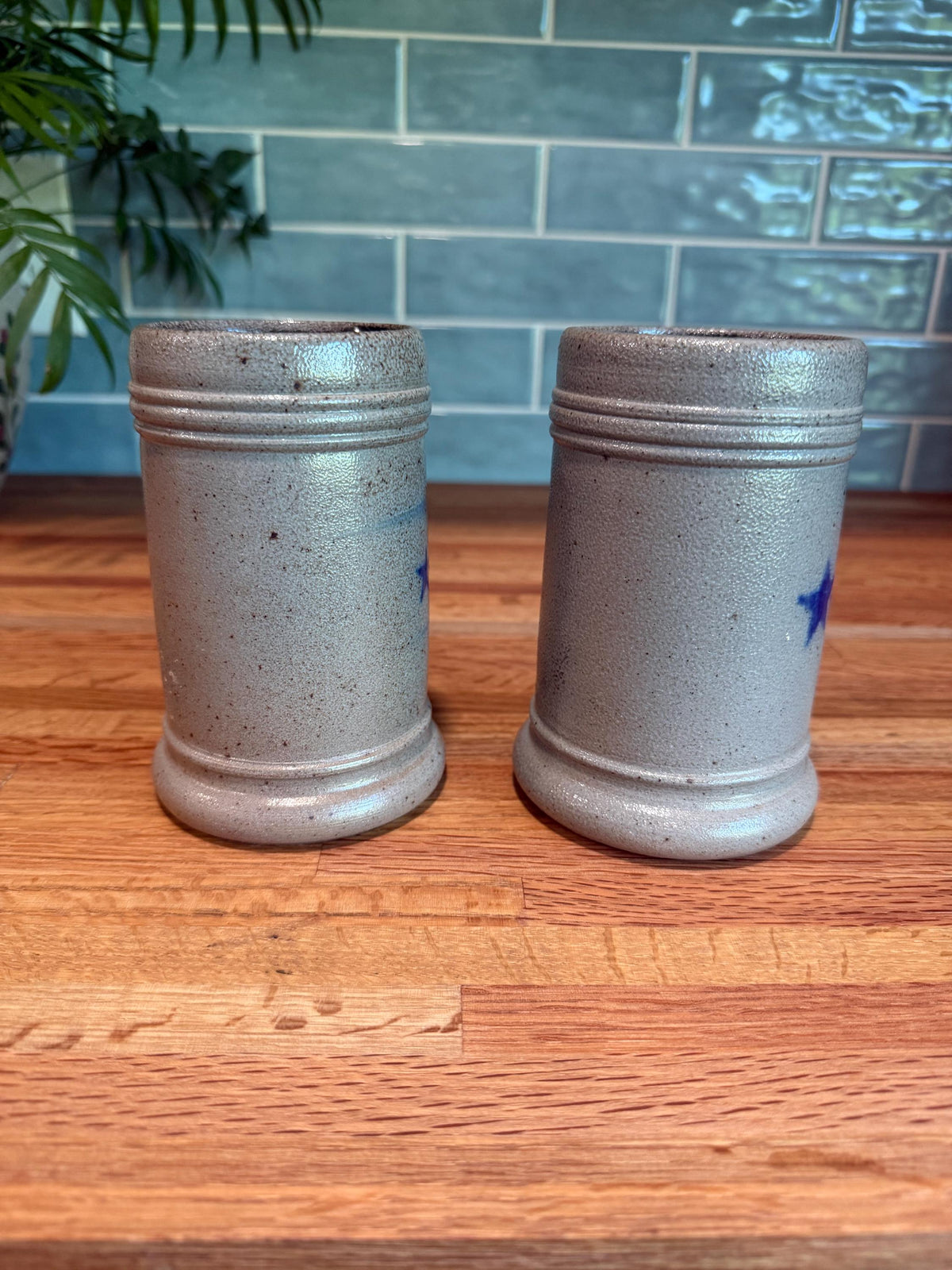 Rowe Pottery Coffee Tankard Mug Set of 2 -  Cobalt Blue Stars - Gray Salt Glazed Stoneware - Beer Steins - Vintage