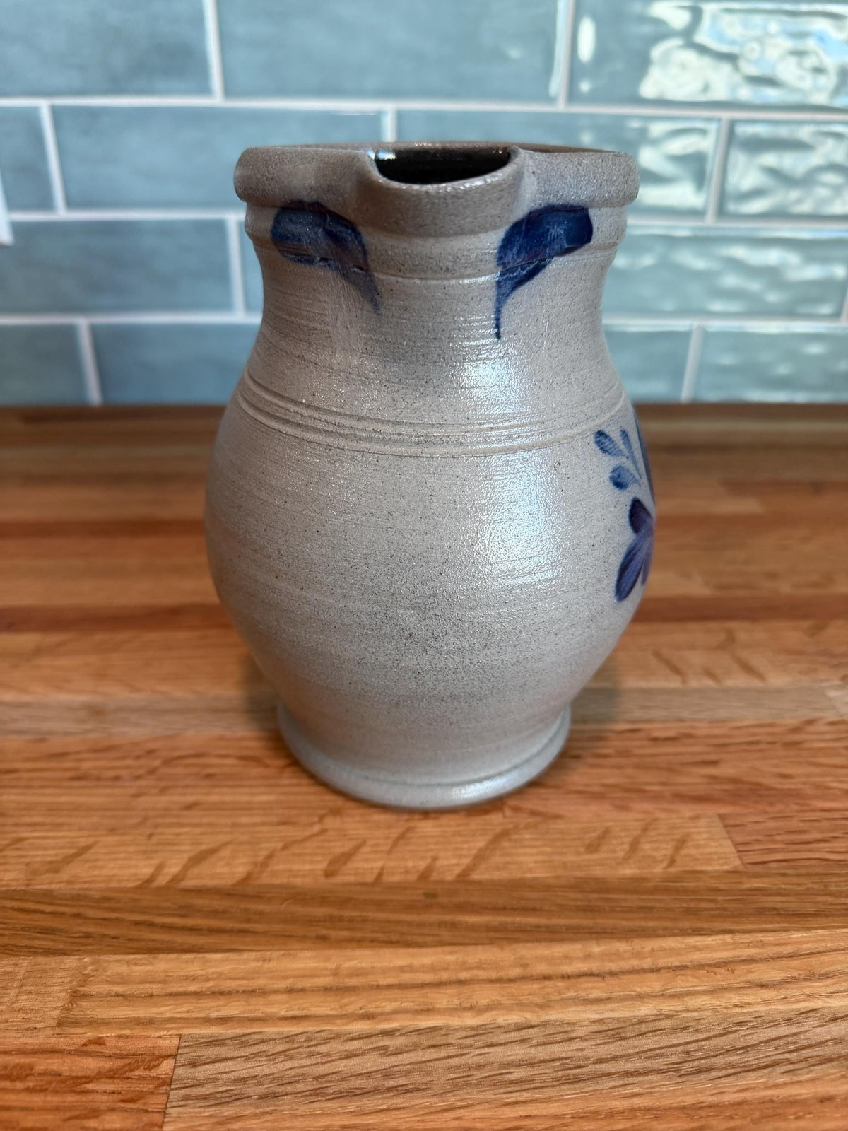 Rowe Pottery Quart Pitcher – Hand-Painted Cobalt Blue Heart - Salt Glaze Stoneware- Vintage Wisconsin Art