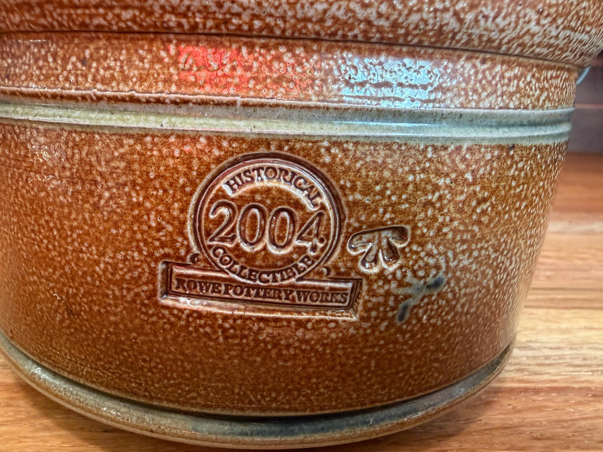 Rowe Pottery Butter Crock with Lid, Wood Handle- Blue Floral - Salt Glaze - Historical Collection