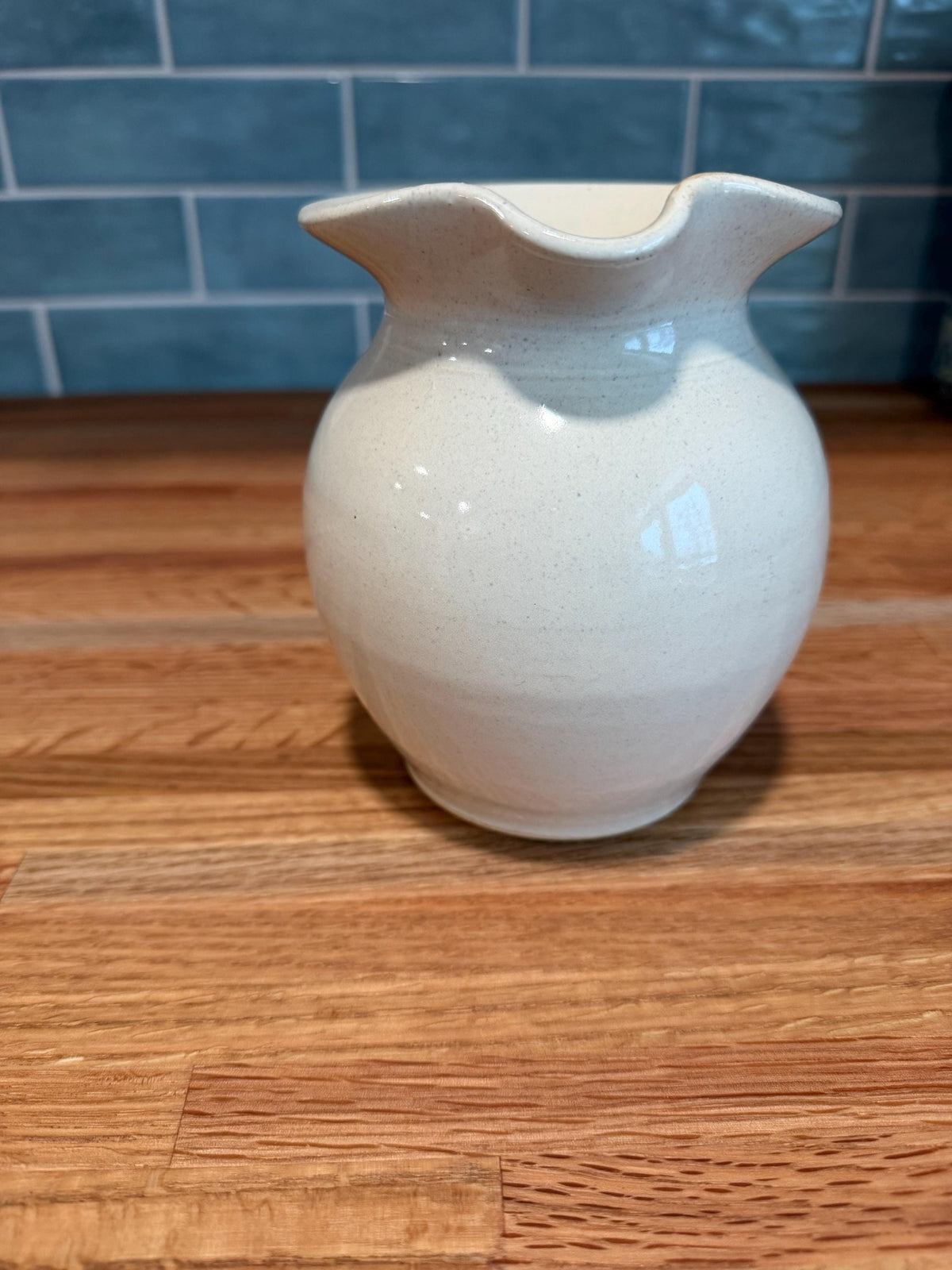 Rowe Pottery Pitcher – Ivory Stoneware -Hand-Painted Blue Floral - Vintage Wisconsin  Folk Art