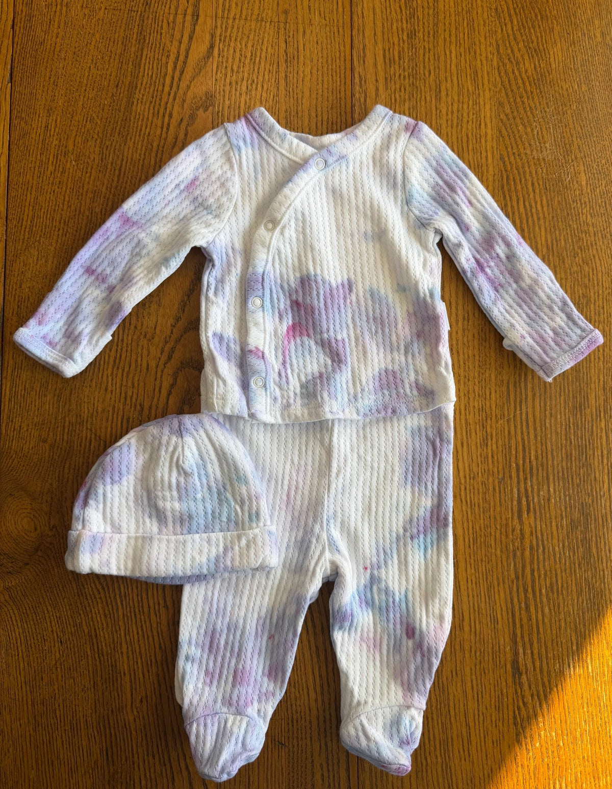 Baby Hospital Outfit Coming Home Set - Hand Dyed Ice Dye Lavender Cotton Layette - Boy Girl Shower Gift - Newborn 0-3 Months