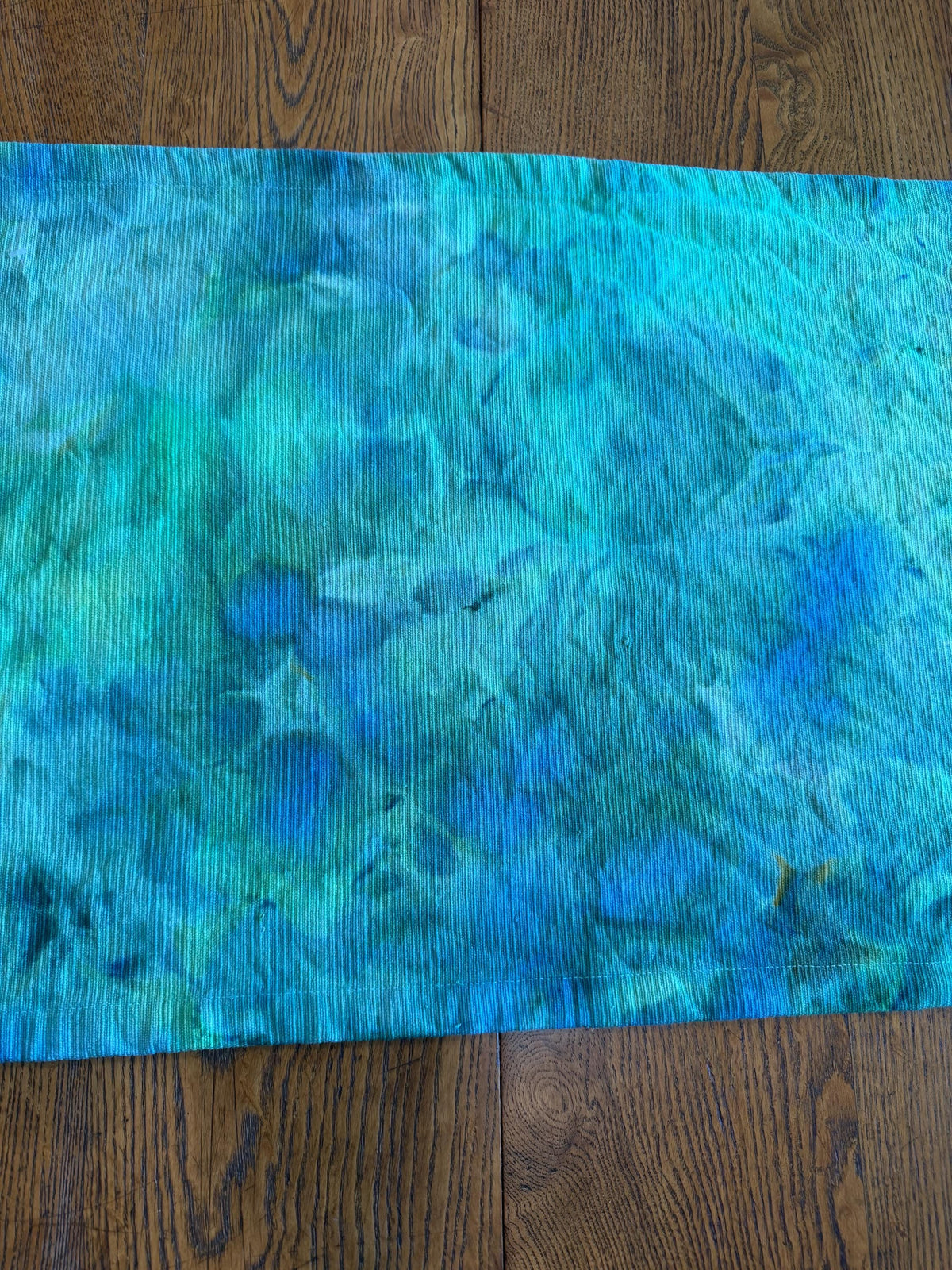 Green Hand-Dyed Cotton Table Runner with Tassels 72” - Marbled Watercolor Tie Dye