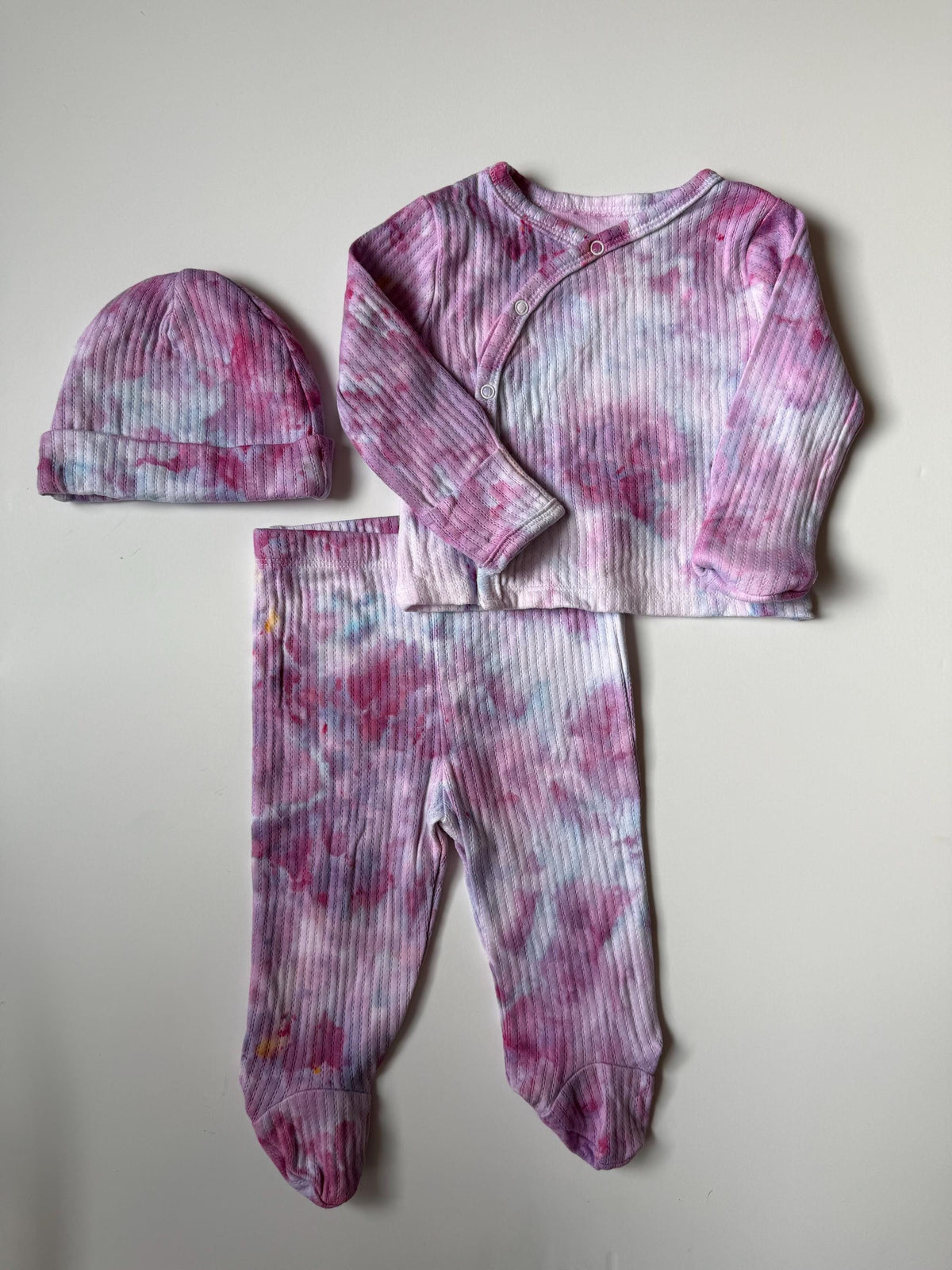 Baby Hospital Outfit Coming Home Set - Hand Dyed Ice Dye Pink Cotton Layette - Girl Shower Gift - Newborn 0-3 Months