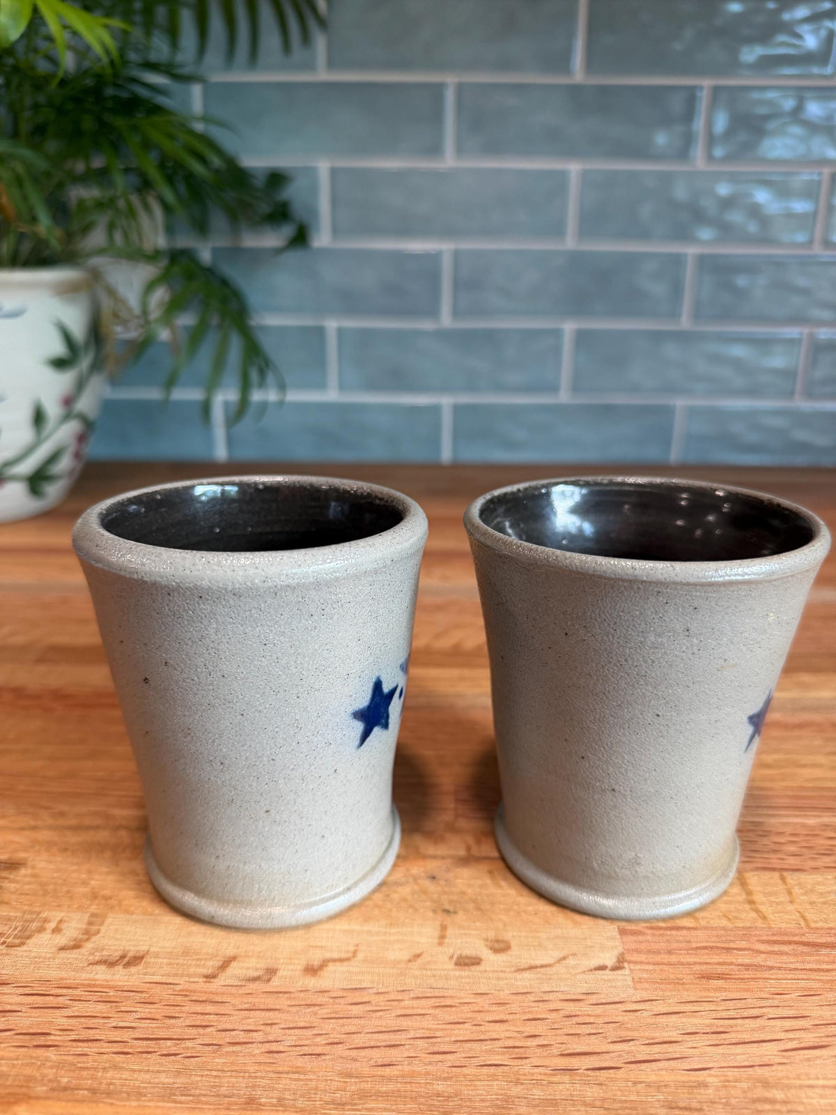 Vintage Rowe Pottery Coffee Mug Set of 2 -  Cobalt Blue Stars - Gray Salt Glazed Stoneware