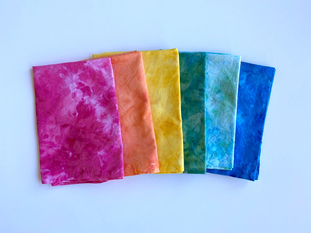 Ice Dyed Rainbow Cloth Napkin Set of 6 - 100% Cotton Napkins 20”x20” - Hand Dyed Tie Dye - Table Linens Textiles - Boho Hostess Wedding Gift