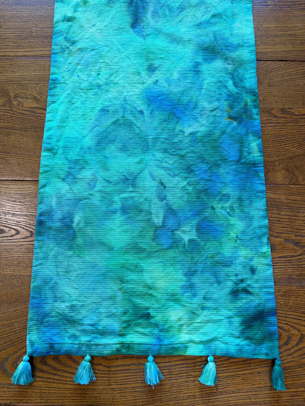 Green Hand-Dyed Cotton Table Runner with Tassels 72” - Marbled Watercolor Tie Dye