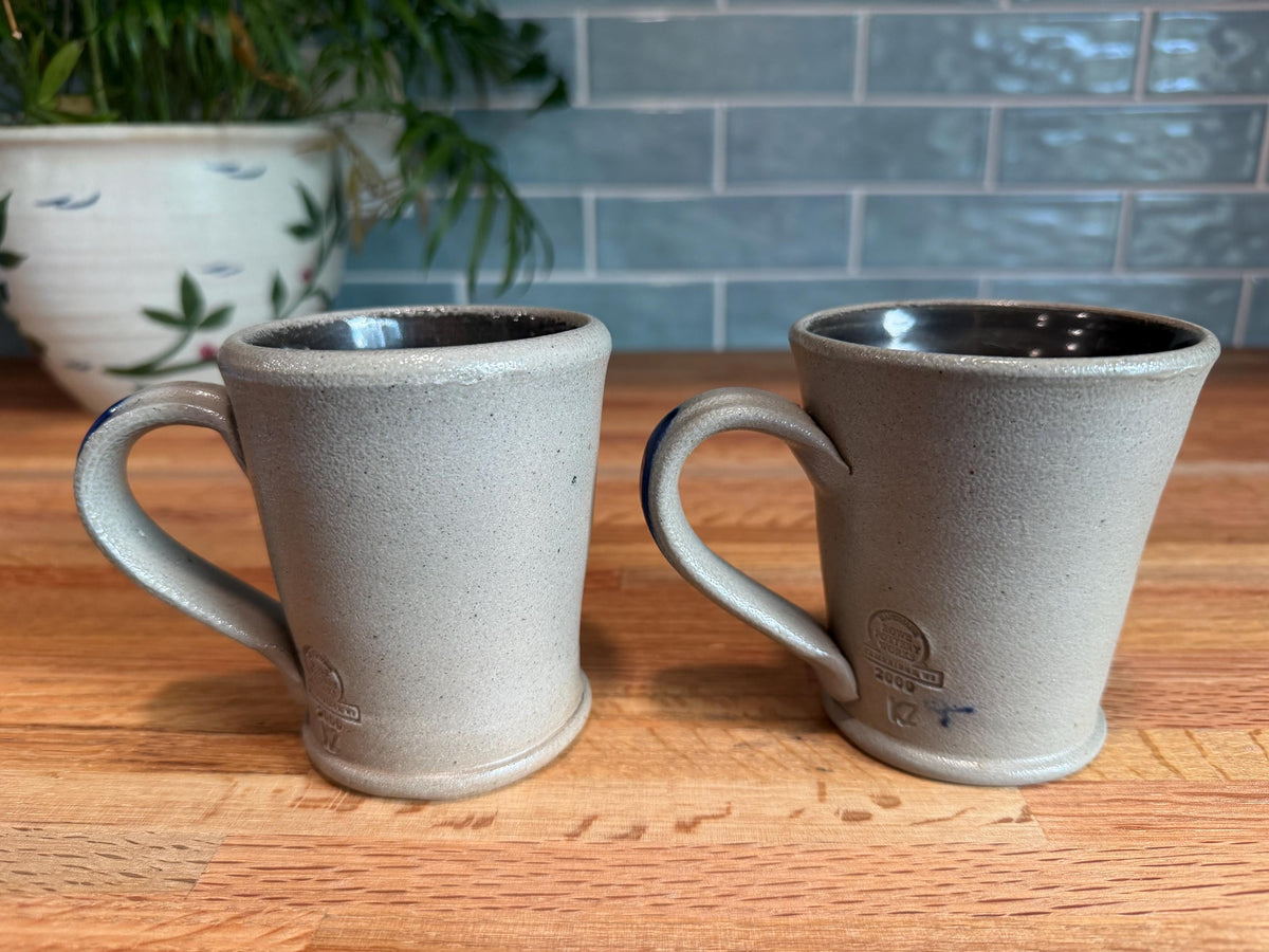 Vintage Rowe Pottery Coffee Mug Set of 2 -  Cobalt Blue Stars - Gray Salt Glazed Stoneware