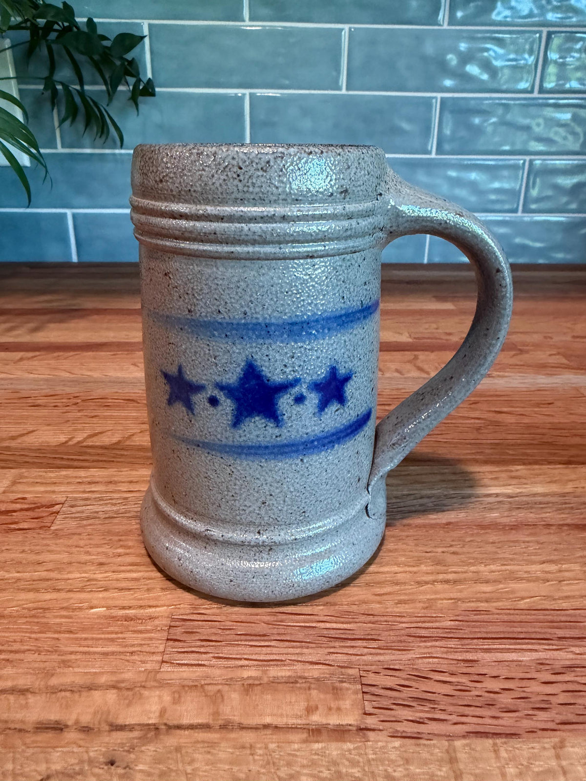 Rowe Pottery Coffee Tankard Mug Set of 2 -  Cobalt Blue Stars - Gray Salt Glazed Stoneware - Beer Steins - Vintage