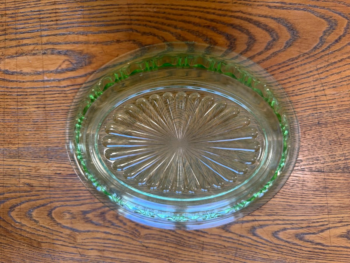 Vintage Anchor Hocking Green Uranium Glass 10” Oval Vegetable Bowl, Colonial