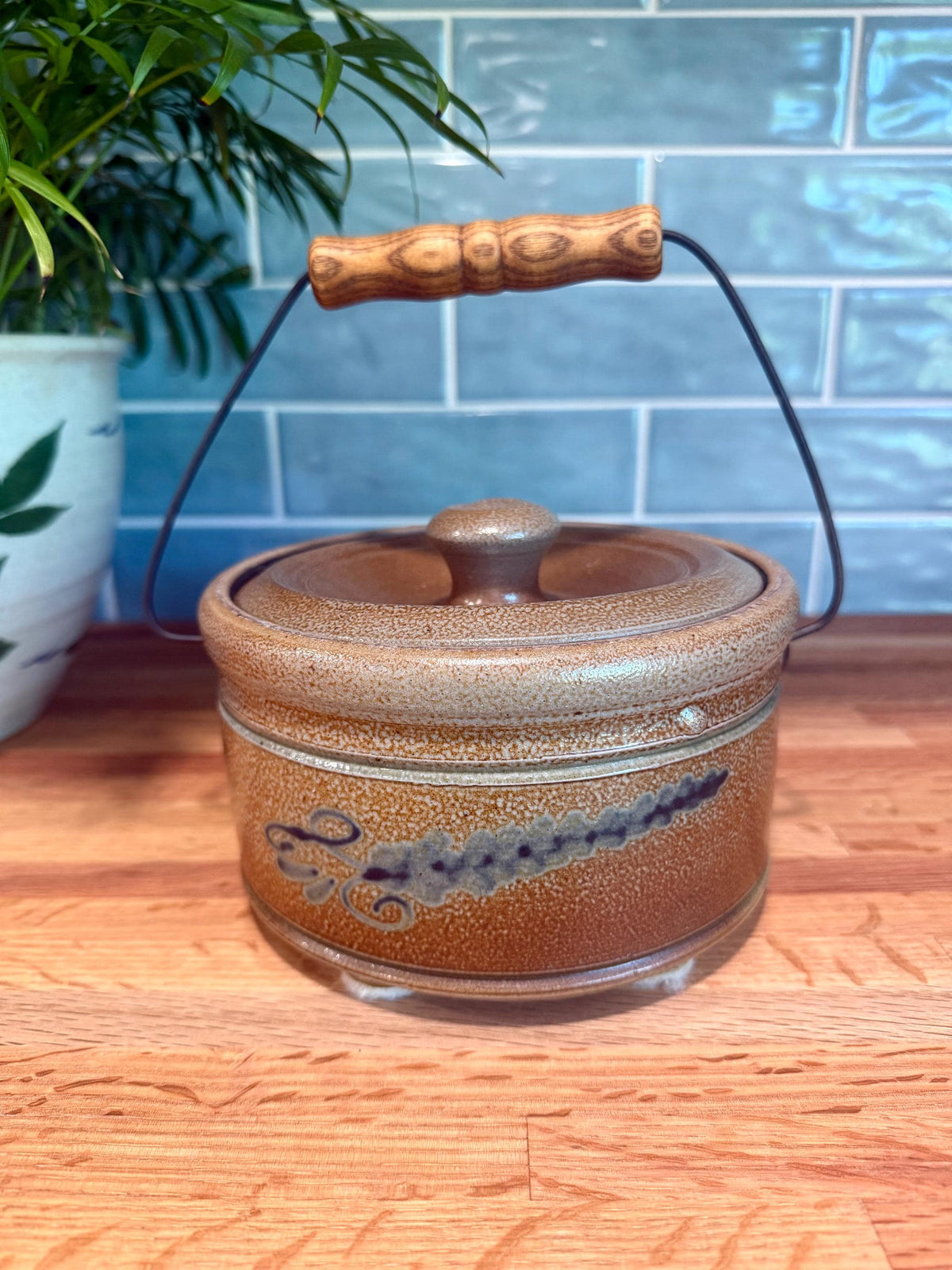 Rowe Pottery Butter Crock with Lid, Wood Handle- Blue Floral - Salt Glaze - Historical Collection