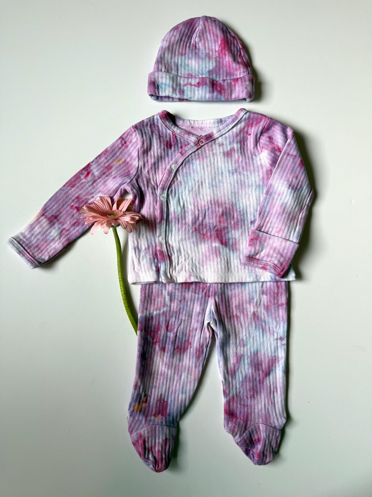 Baby Hospital Outfit Coming Home Set - Hand Dyed Ice Dye Pink Cotton Layette - Girl Shower Gift - Newborn 0-3 Months