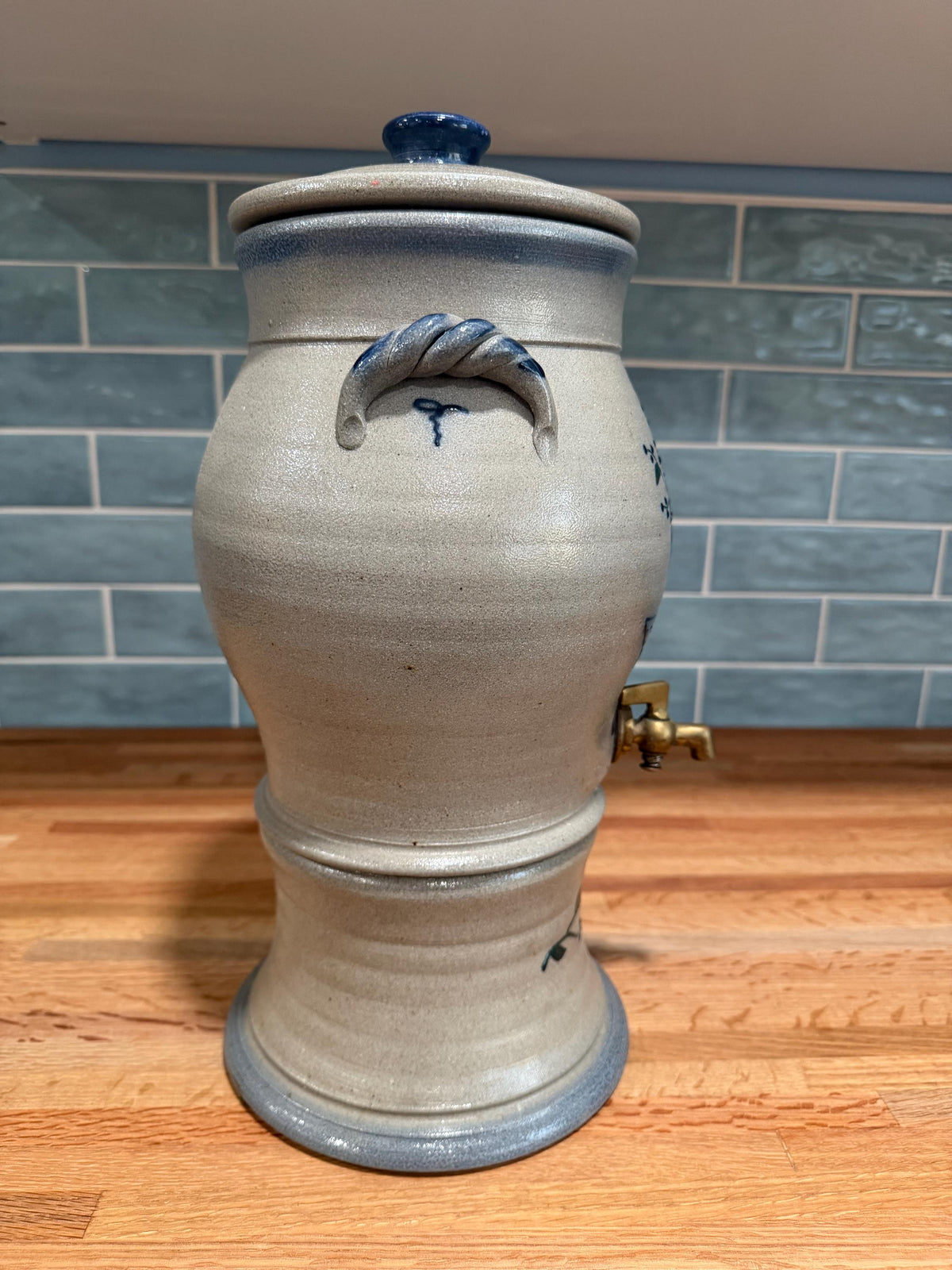 Rowe Pottery Water Cooler Drink Dispenser -  Blue Berry Basket - Salt Glaze Stoneware - Brass Spigot - Vintage 1996