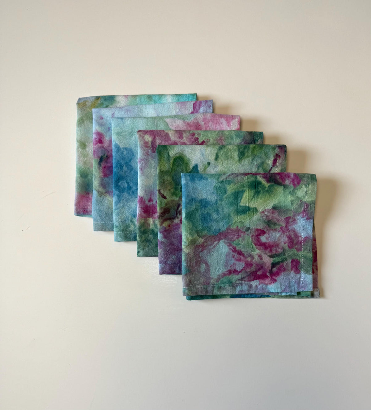 Ice Dye Garden Party Cloth Cocktail Napkins Set of 6 - Hand Dyed 100% Cotton Green Pink Blue  12”x12”- Tie Dye Table Linens Textiles