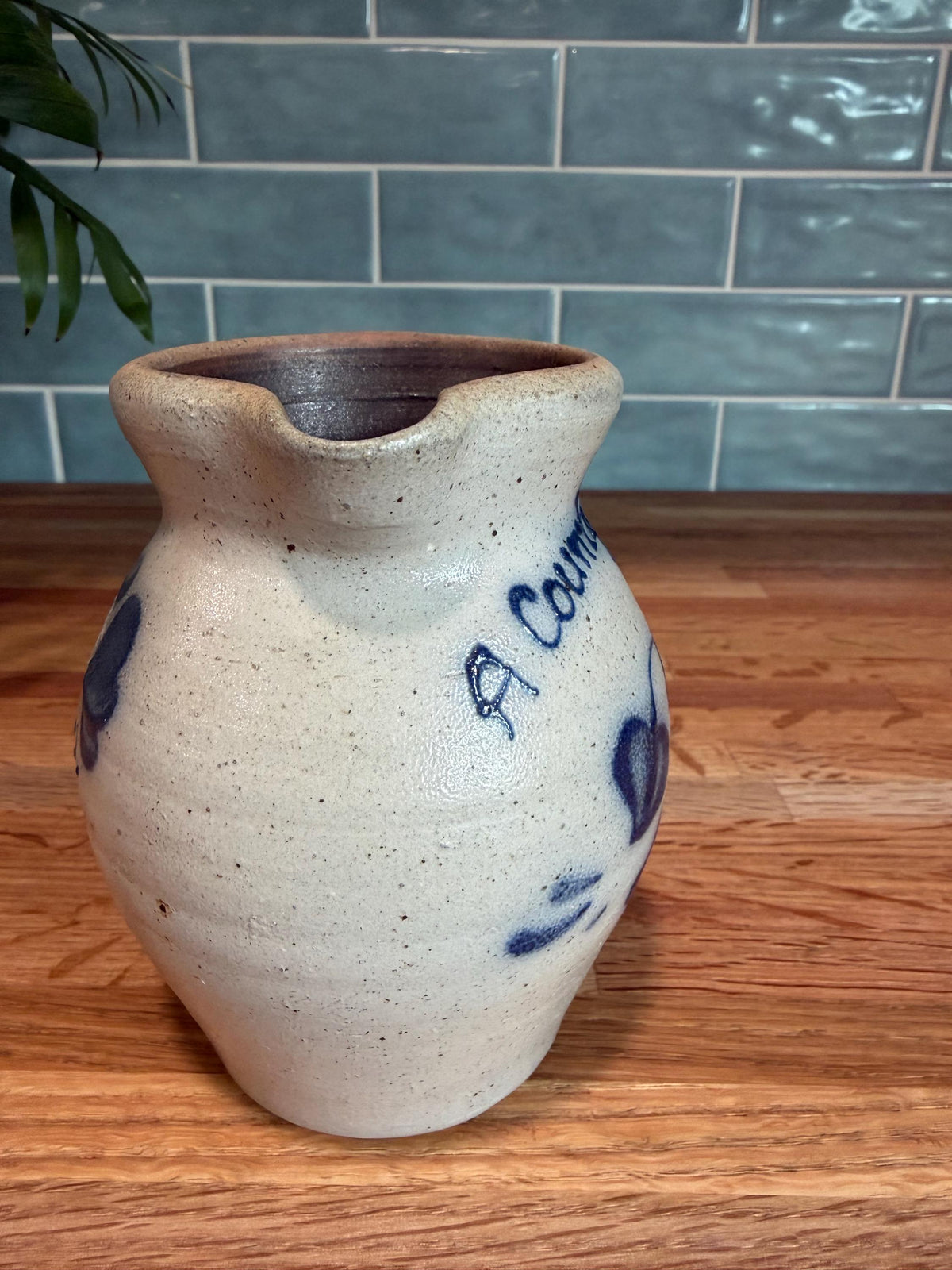 Vintage Rockdale Pottery Cream & Sugar Set, Pitcher  and Sugar Bowl with Lid, Hand-Painted Blue Floral, Heart, Salt Glaze