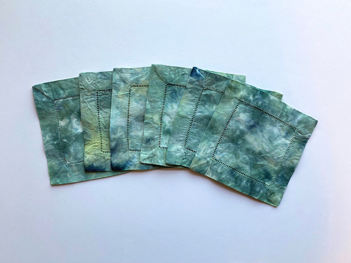 Spruce Green Marbled Tie Dye Coasters -  6” Cocktail Napkins - Hand Dyed 100% Cotton  - Dinner Party Table Decor