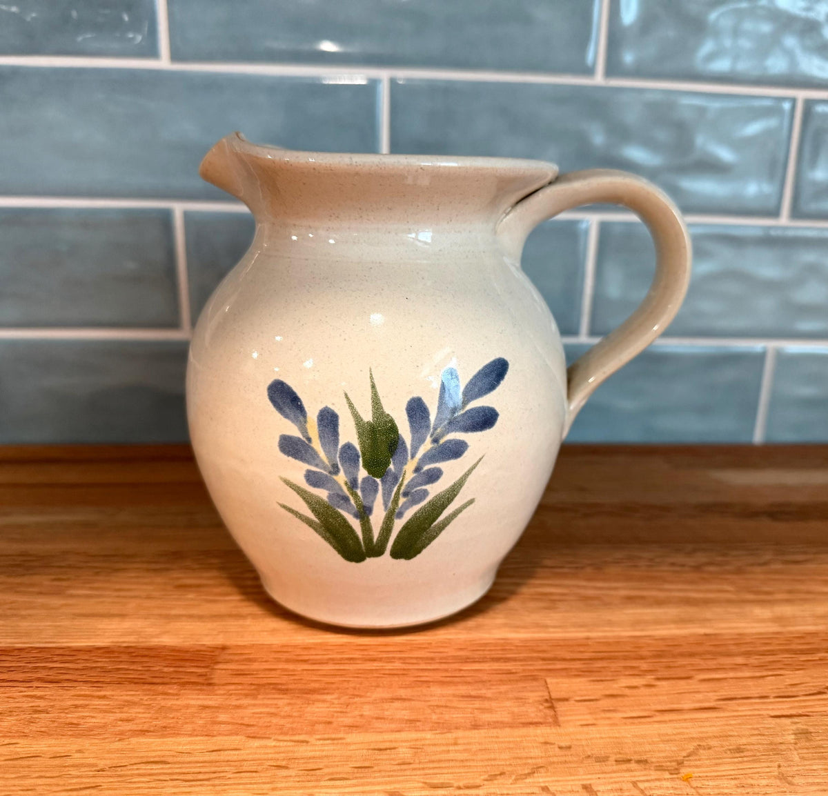 Rowe Pottery Pitcher – Ivory Stoneware -Hand-Painted Blue Floral - Vintage Wisconsin  Folk Art
