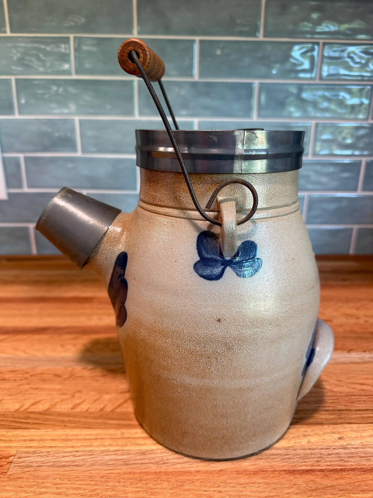 Rowe Pottery Batter Pitcher Jug - Anniversary Edition Vintage 2000 - Metal Lid & Cap - Salt Glaze Gray Stoneware