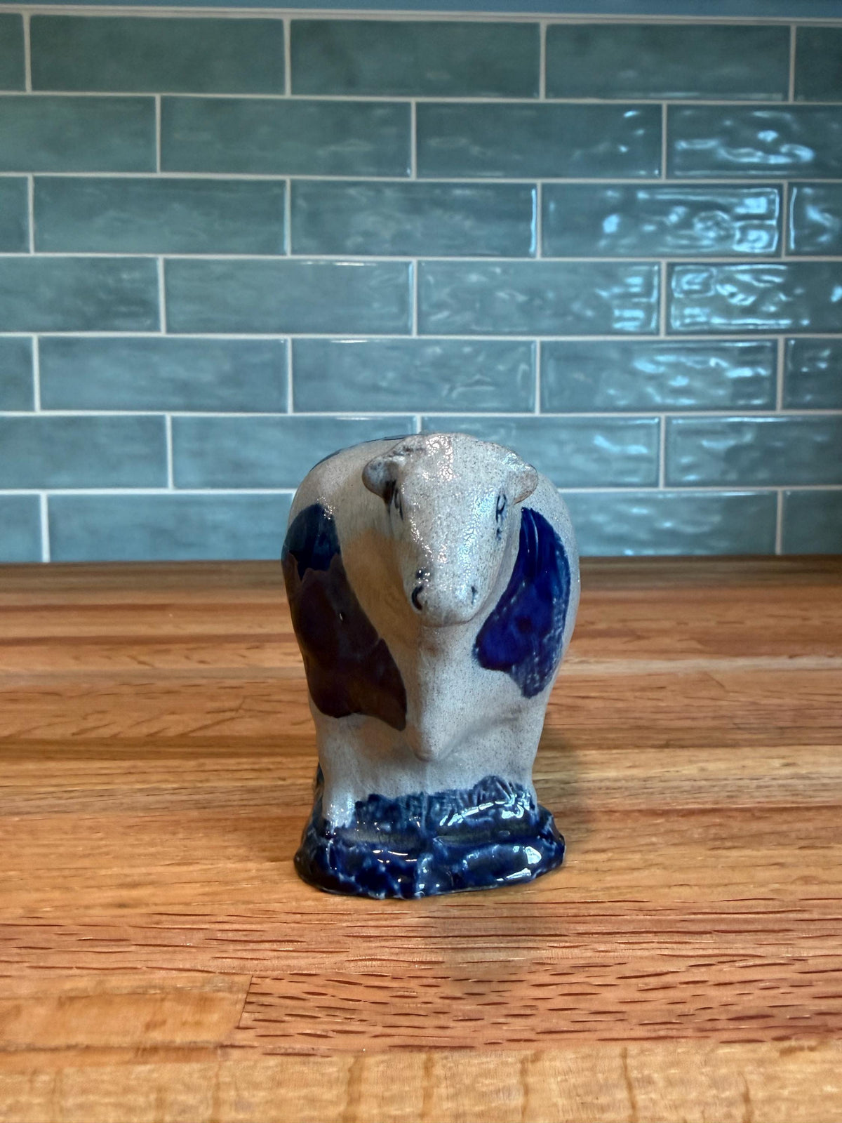 Rowe Pottery Cow Figurine – Cobalt Blue - Gray Salt Glaze Stoneware - Vintage 1994 - Made in Wisconsin Folk Art