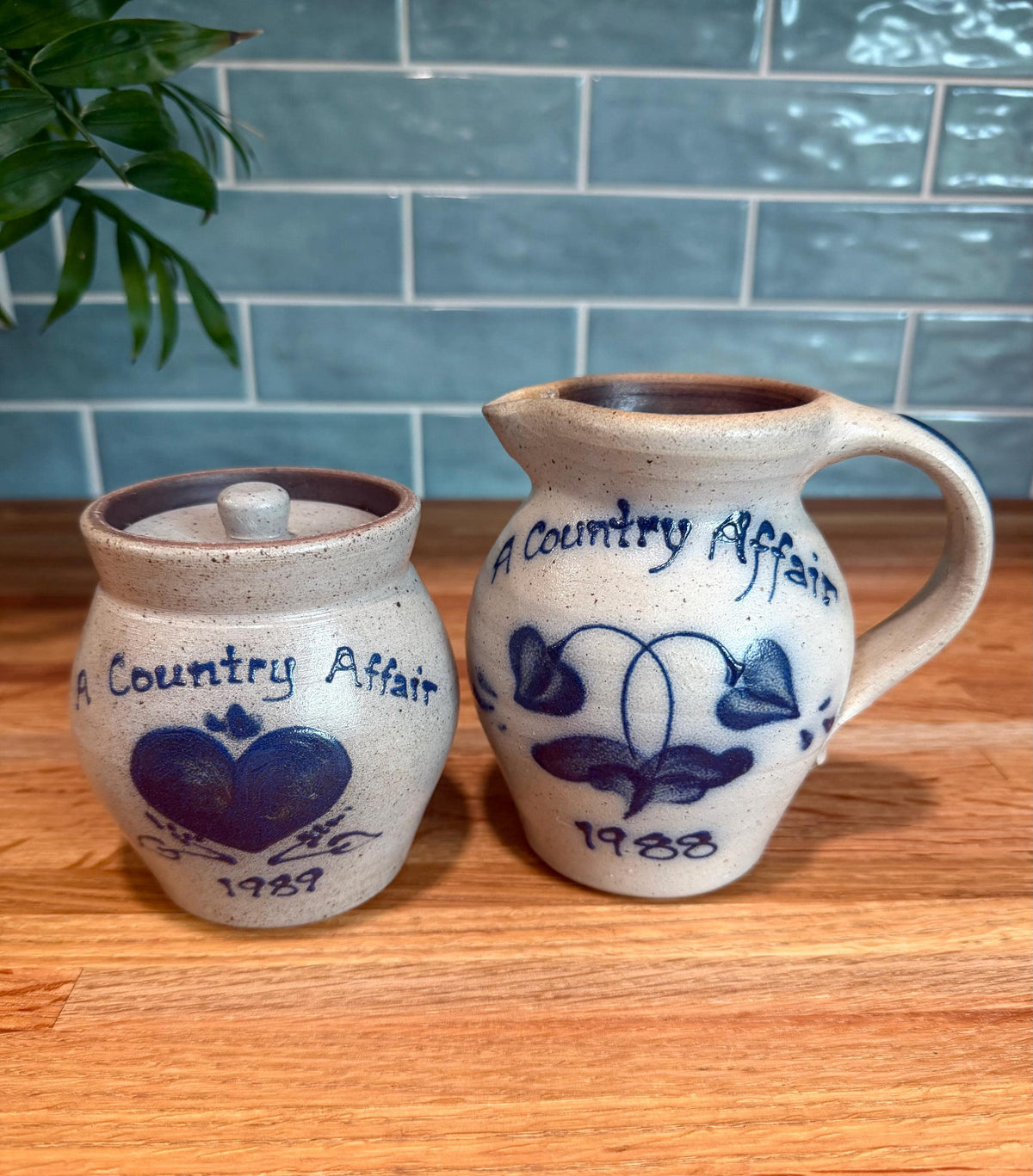 Vintage Rockdale Pottery Cream & Sugar Set, Pitcher  and Sugar Bowl with Lid, Hand-Painted Blue Floral, Heart, Salt Glaze